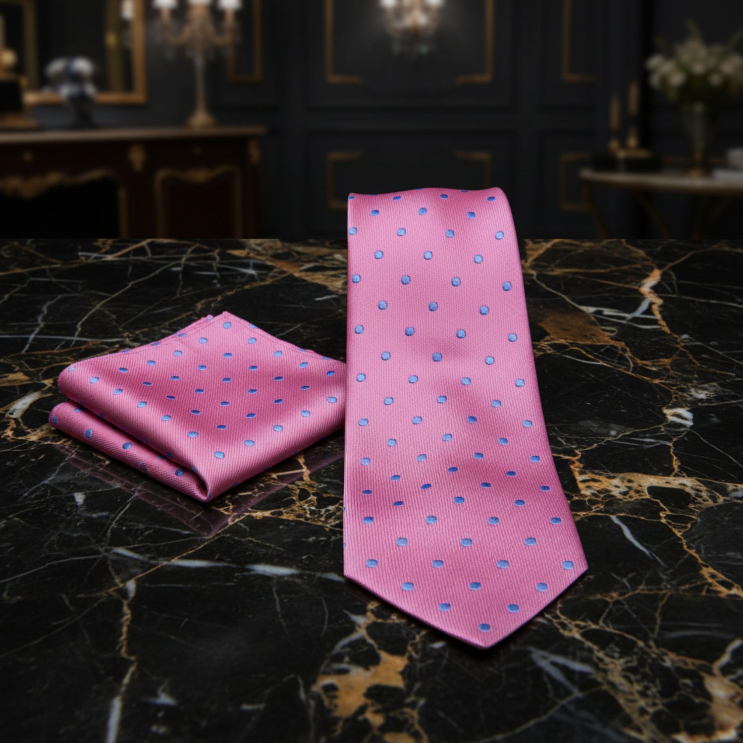 Pink tie and pocket square set with blue polka dots