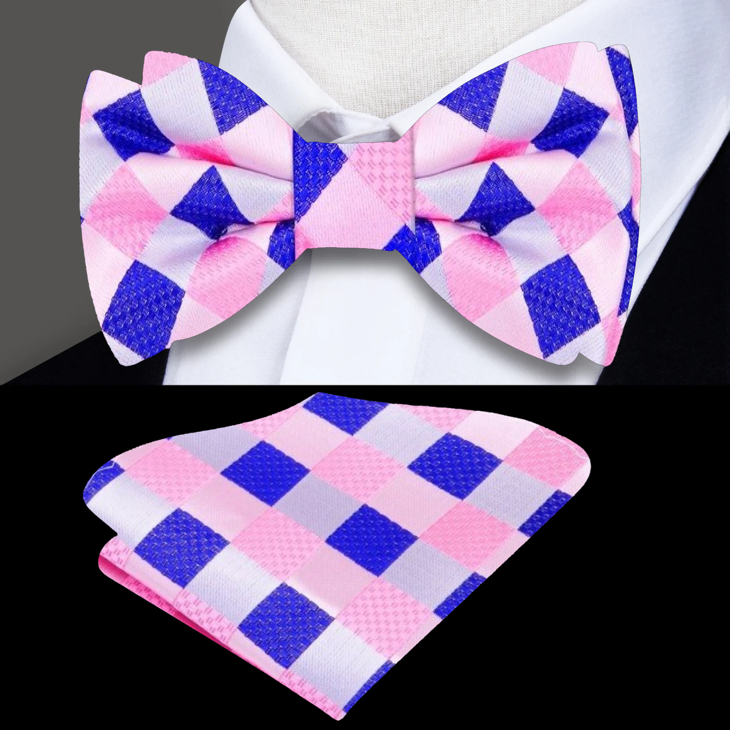 A Pink, Blue Geometric Pattern Pre Tied Bow Tie, Matching Pocket Square