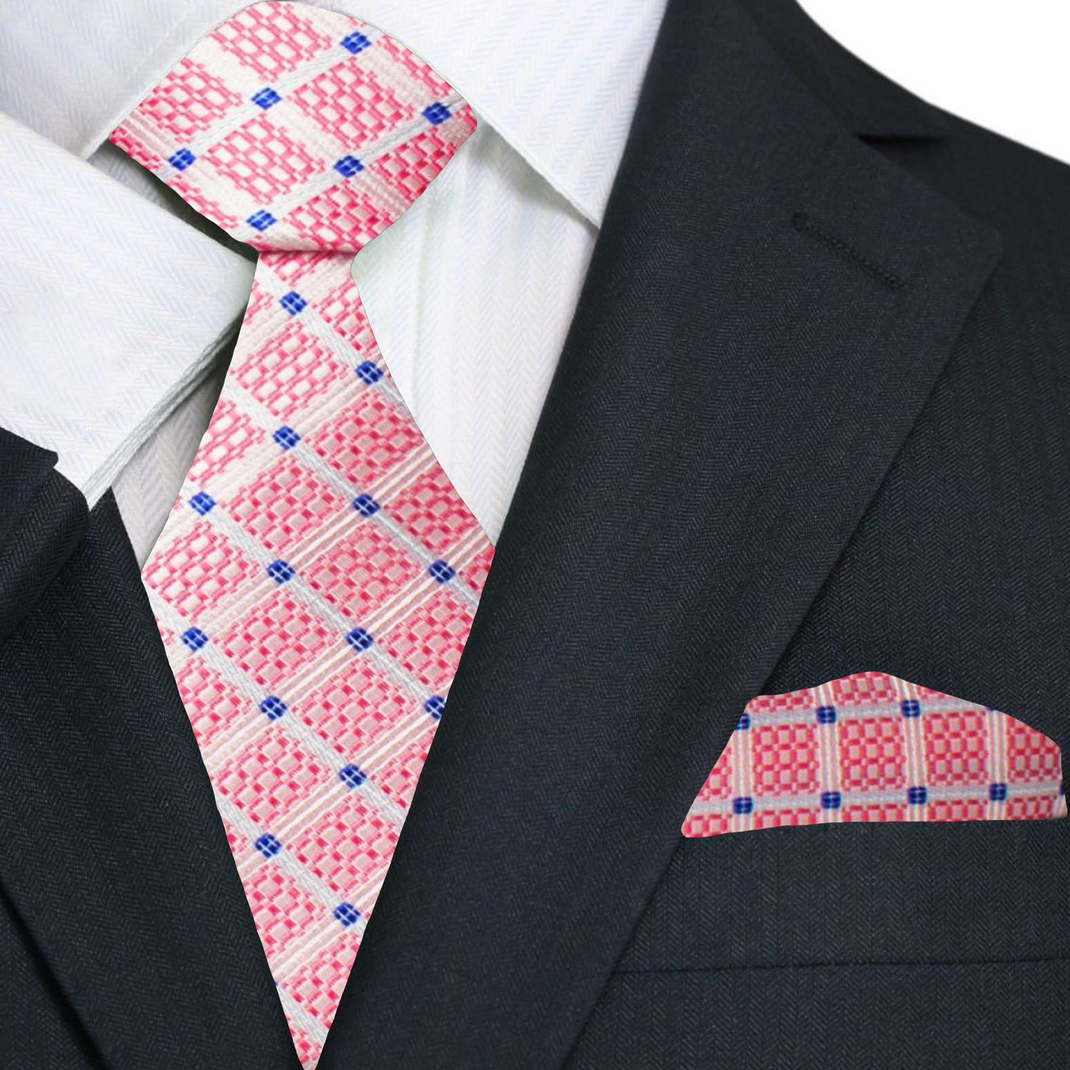 Premium A Salmon, Blue Geometric Diamond With Small Check Pattern Silk Necktie, Matching Pocket Square
