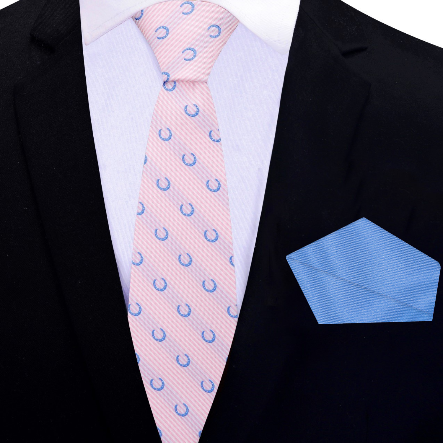 Thin Pink, Blue Horseshoe Necktie and Blue Square