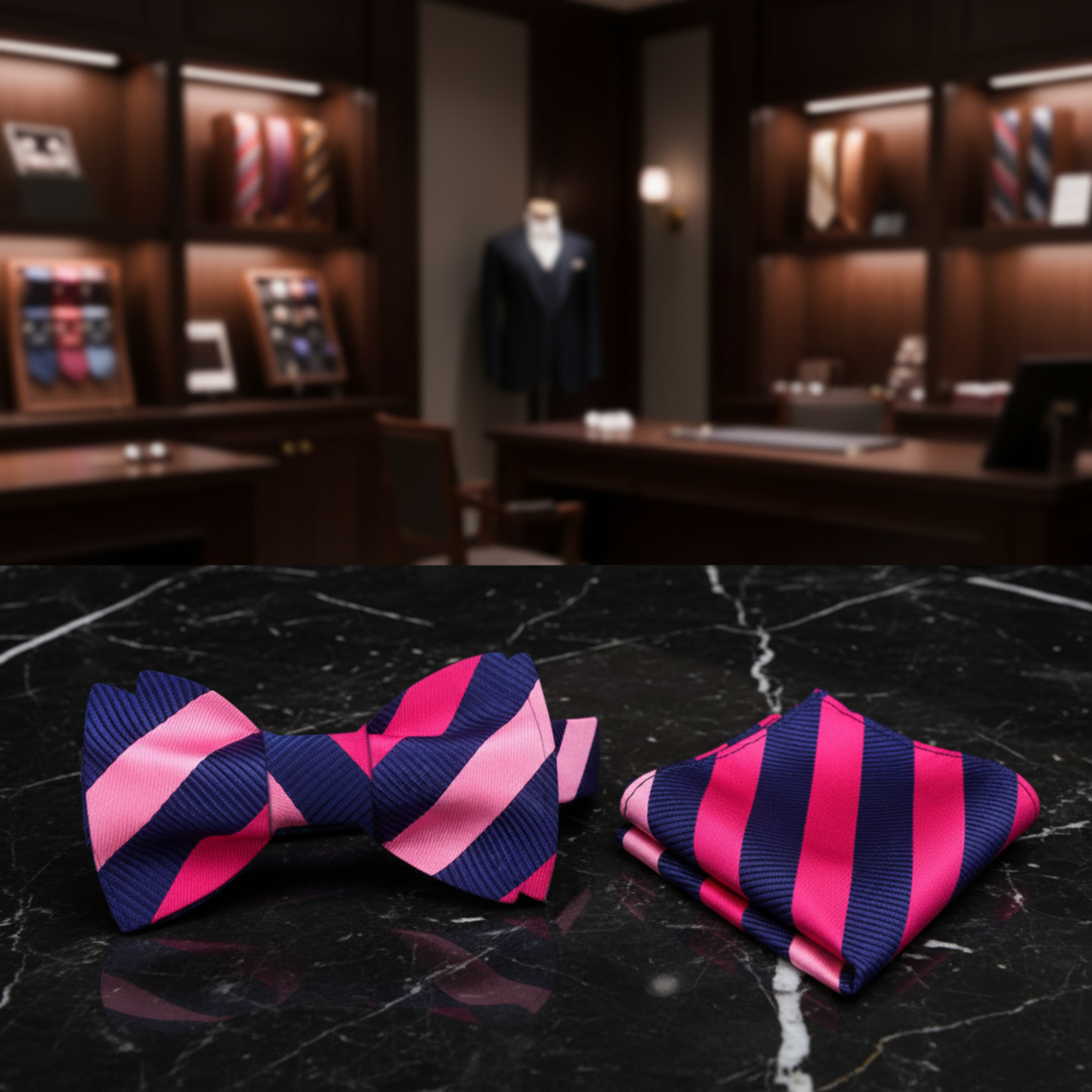 Blue and pink Stripe Bow Tie and Square