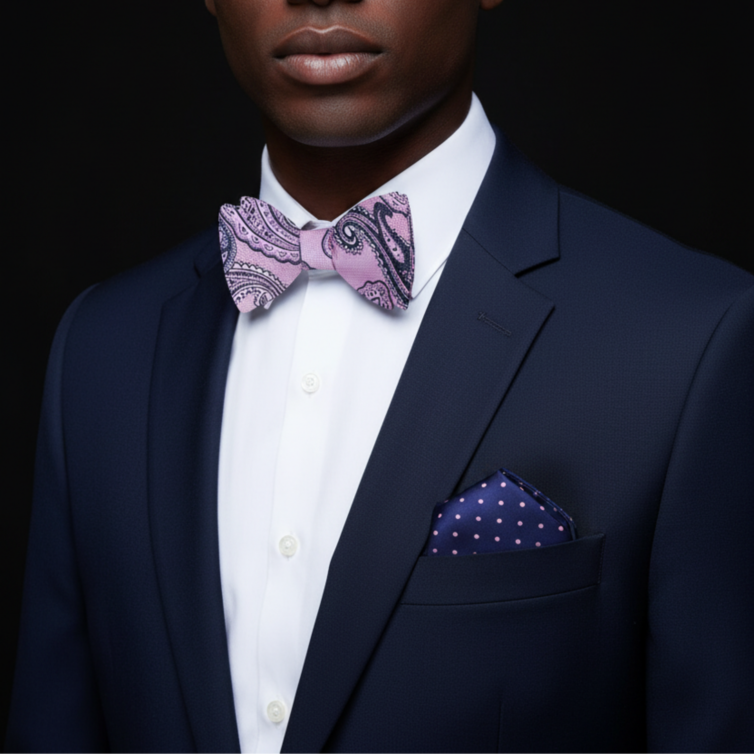 Pink, Dark Blue Paisley Self Tie Bow tie and Blue, Pink Polka Square