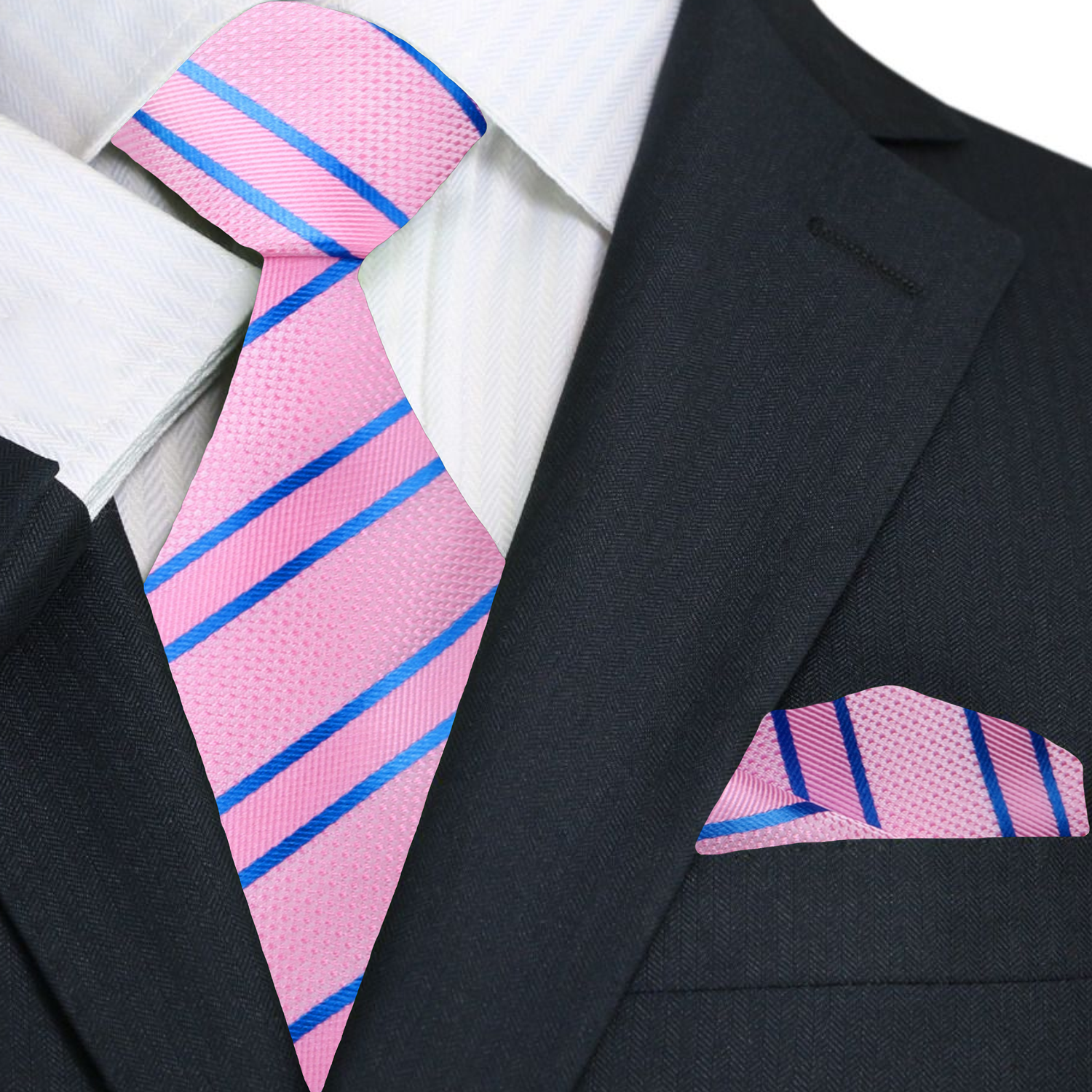 Pink striped tie and matching pocket square on a black suit jacket.