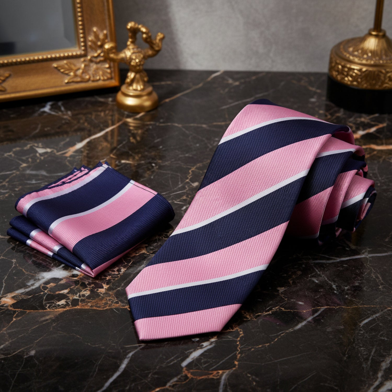A men's necktie and matching pocket square set with diagonal stripes in pink, navy blue, and thin white lines, displayed on a dark marble surface.