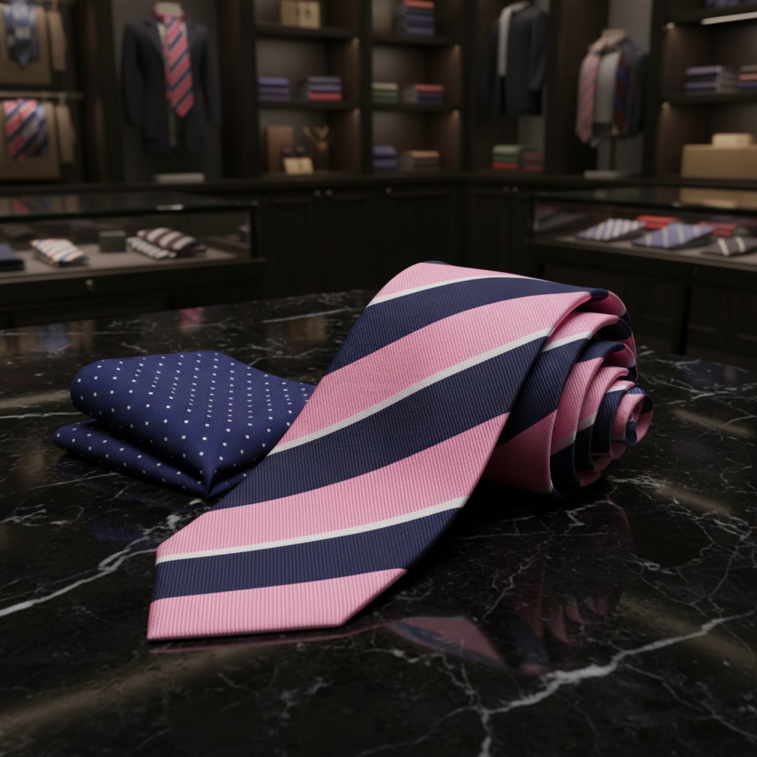 A men's necktie and matching pocket square set on a white background. The necktie features diagonal stripes of pink, navy blue, and thin white stripes, while the matching pocket square is solid navy blue with small white polka dots.