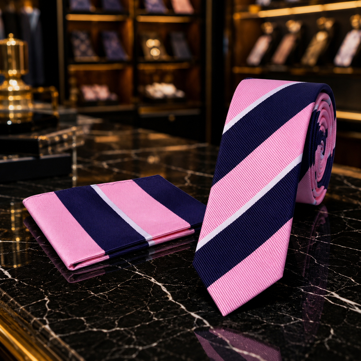A pink and navy striped necktie with a matching pocket square, displayed on a black marble countertop in a luxury retail setting.