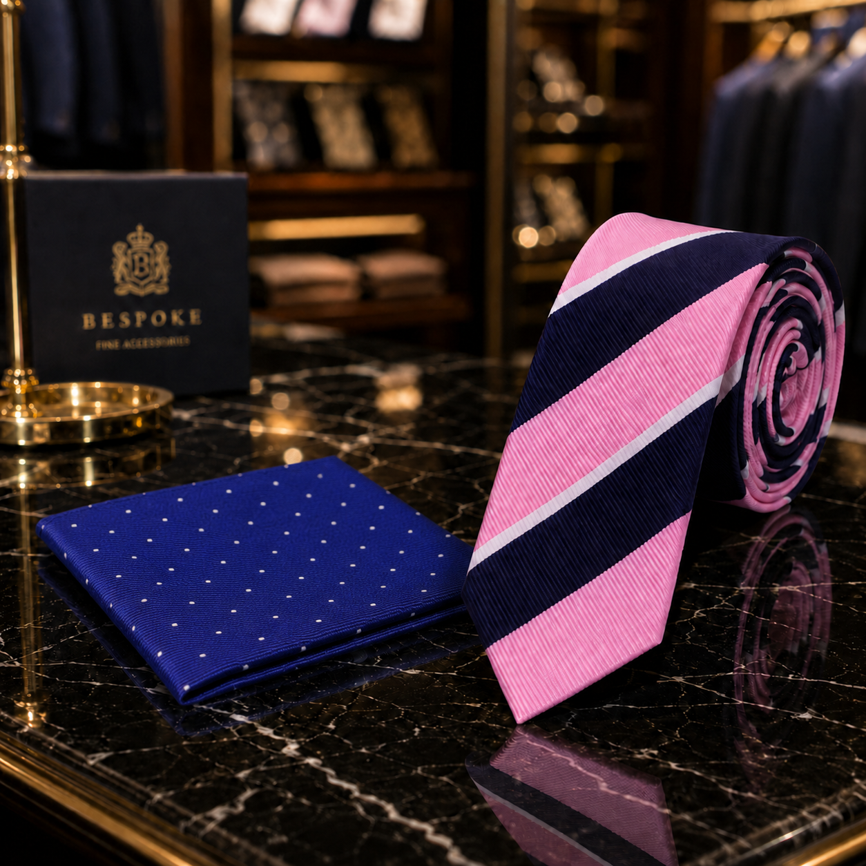 Pink, Navy & White Bold Stripe Necktie with Pocket Square Option