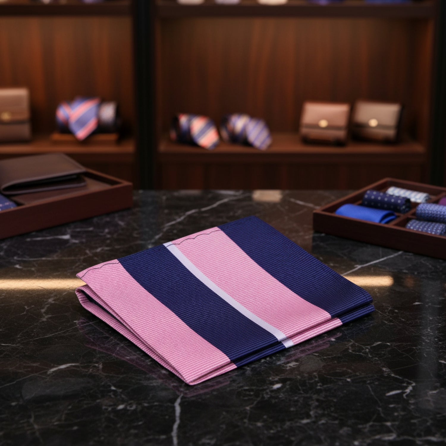 A folded fabric accessory, likely a pocket square or small scarf, featuring alternating vertical stripes of dark navy blue and light pink with thin white pinstripes 