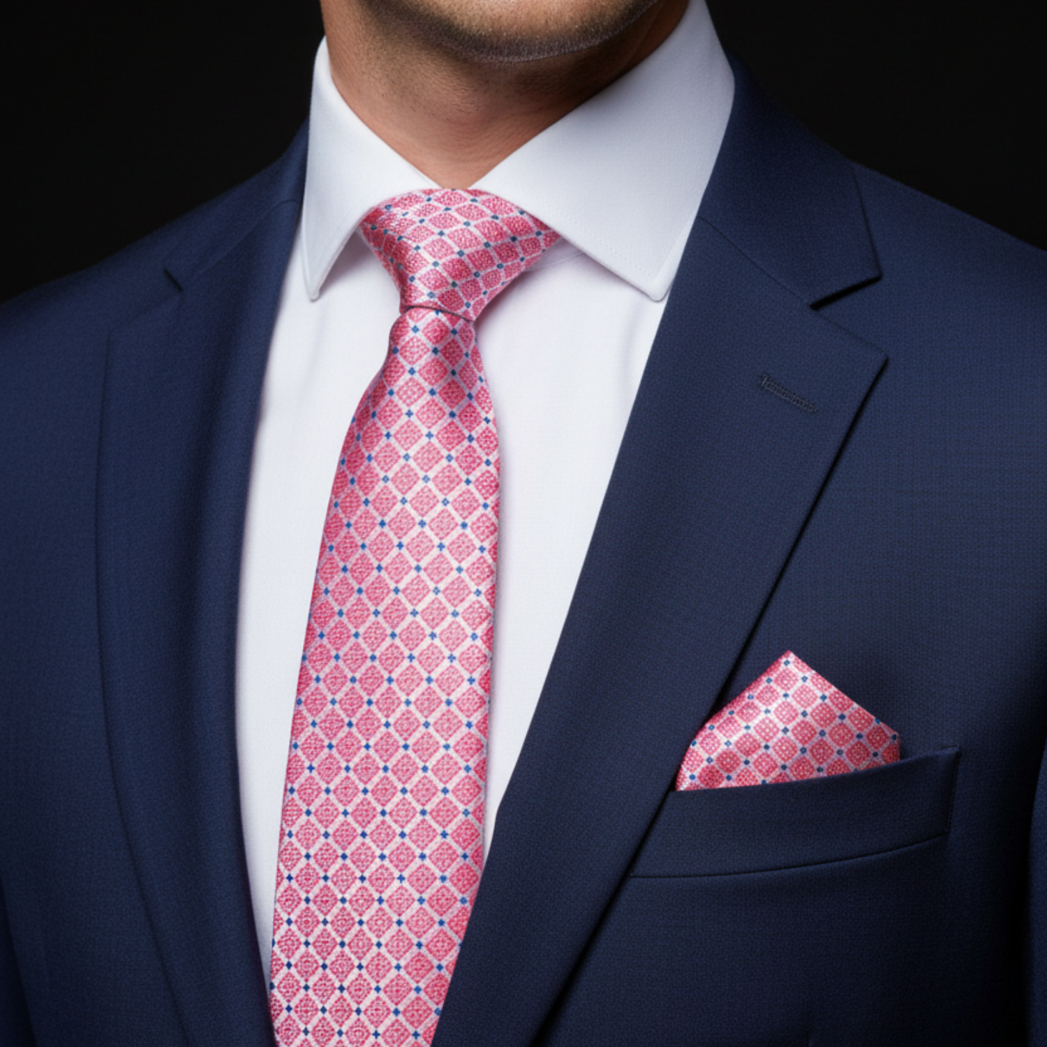 Man wearing a navy suit with a pink patterned tie and pocket square on a black background