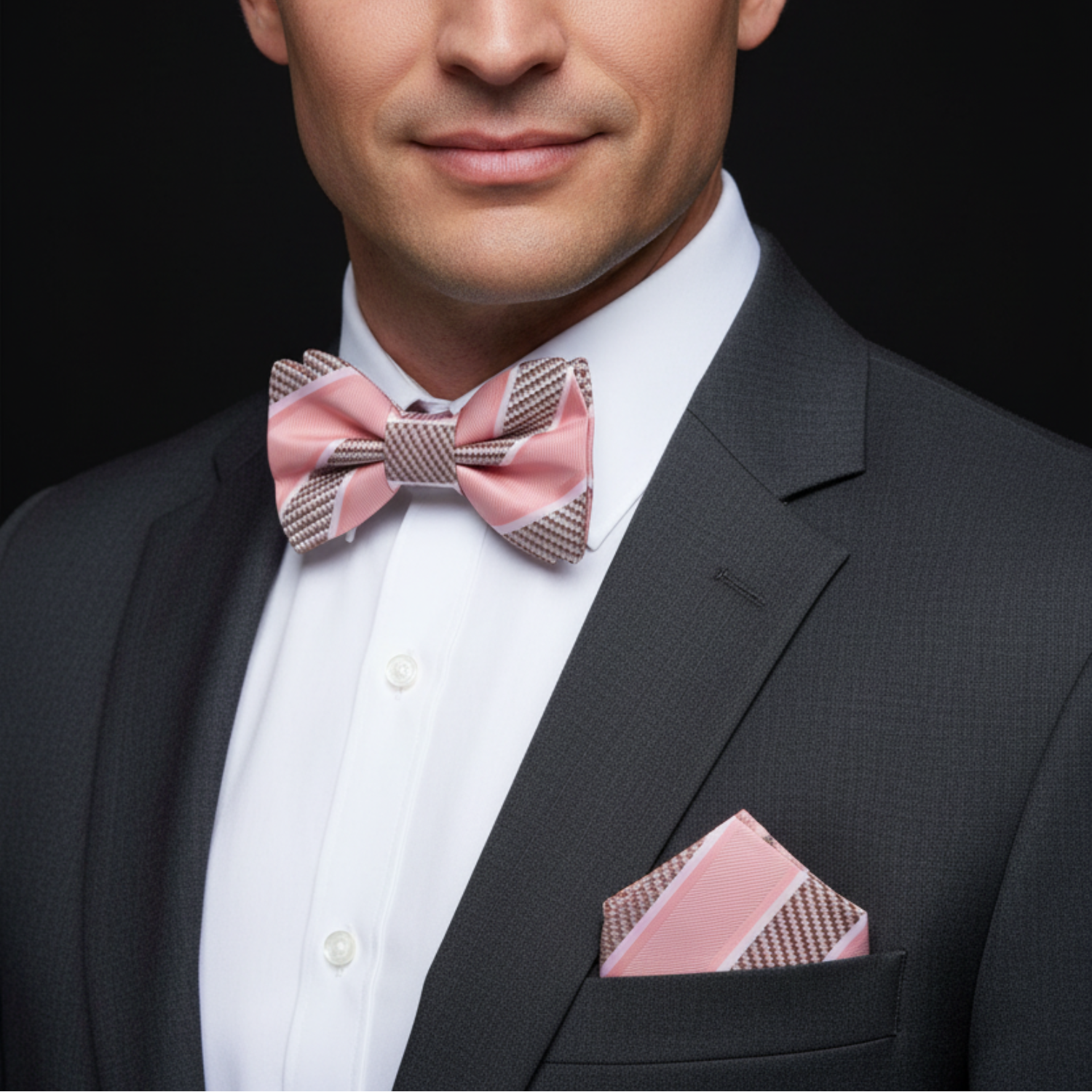 Man wearing a black suit with a pink bow tie and pocket square on a black background