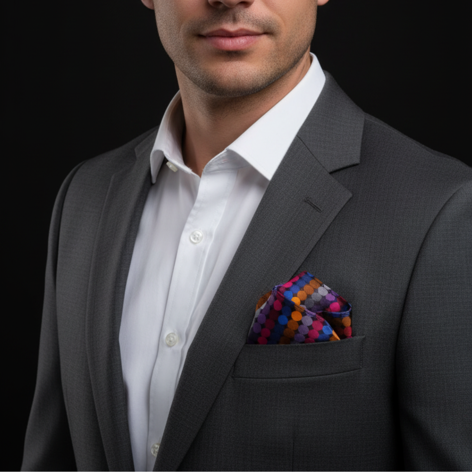 Man wearing a gray suit with a colorful pocket square on a black background