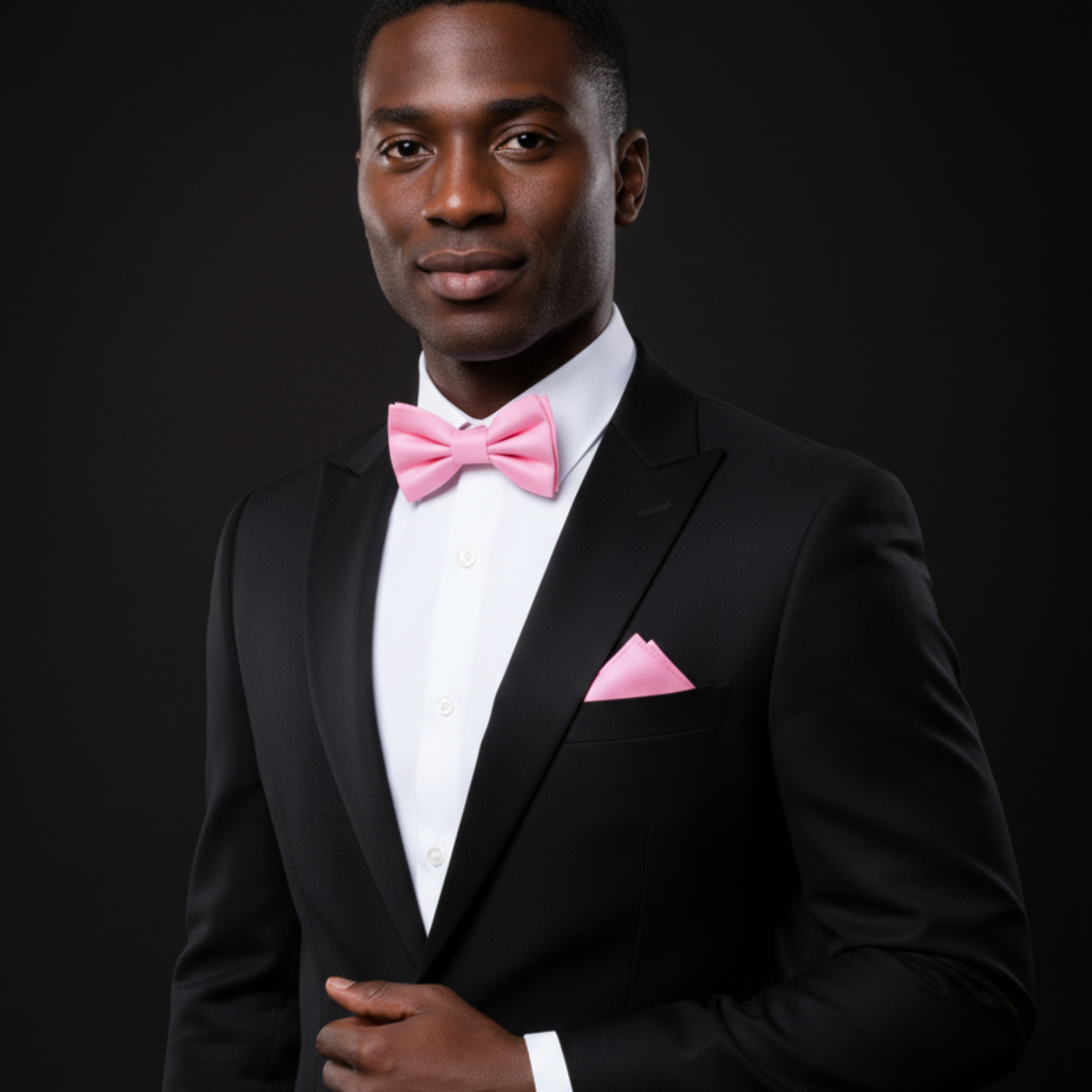 Man wearing a black suit with a pink bow tie and pocket square on a dark background
