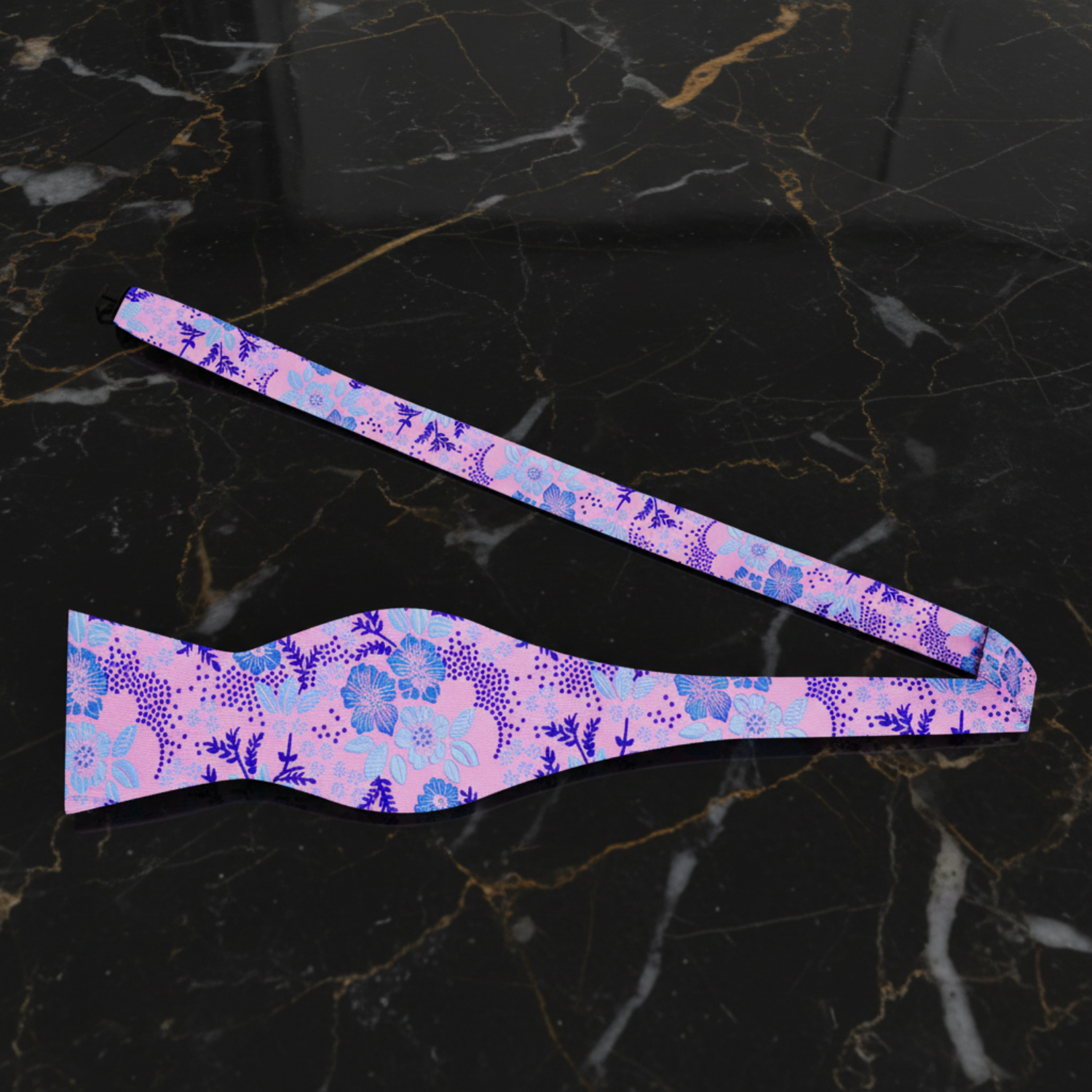 A Light Purple, Light Blue Detailed Flowers Pattern Silk Self Tie Bow Tie