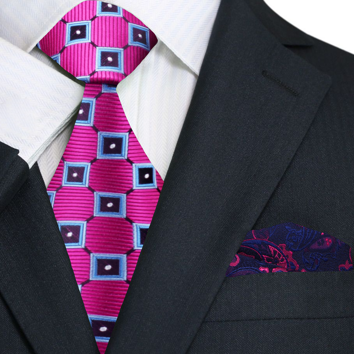 Black suit jacket with a pink and blue patterned tie and blue pink paisley pocket square.