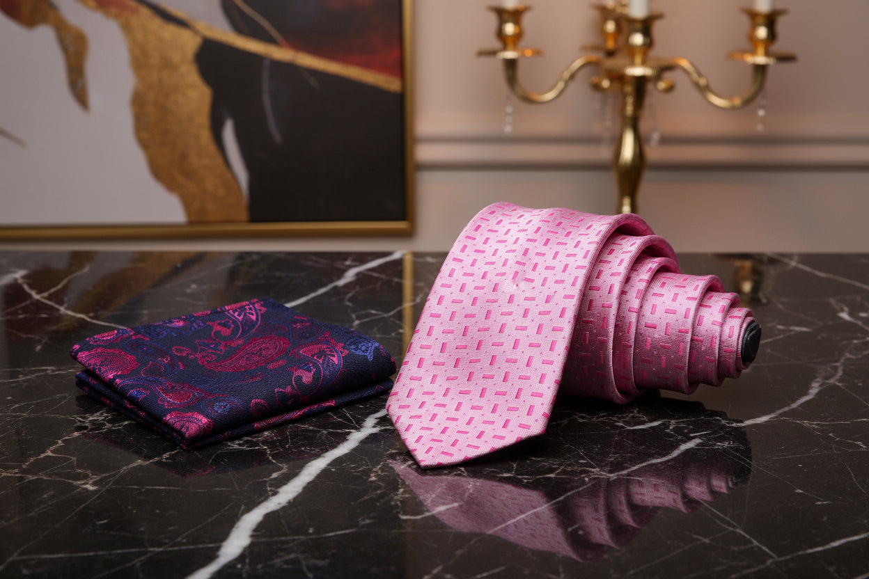 Alt View: Shades of Pink Geometric Necktie and Blue, Pink Paisley Square