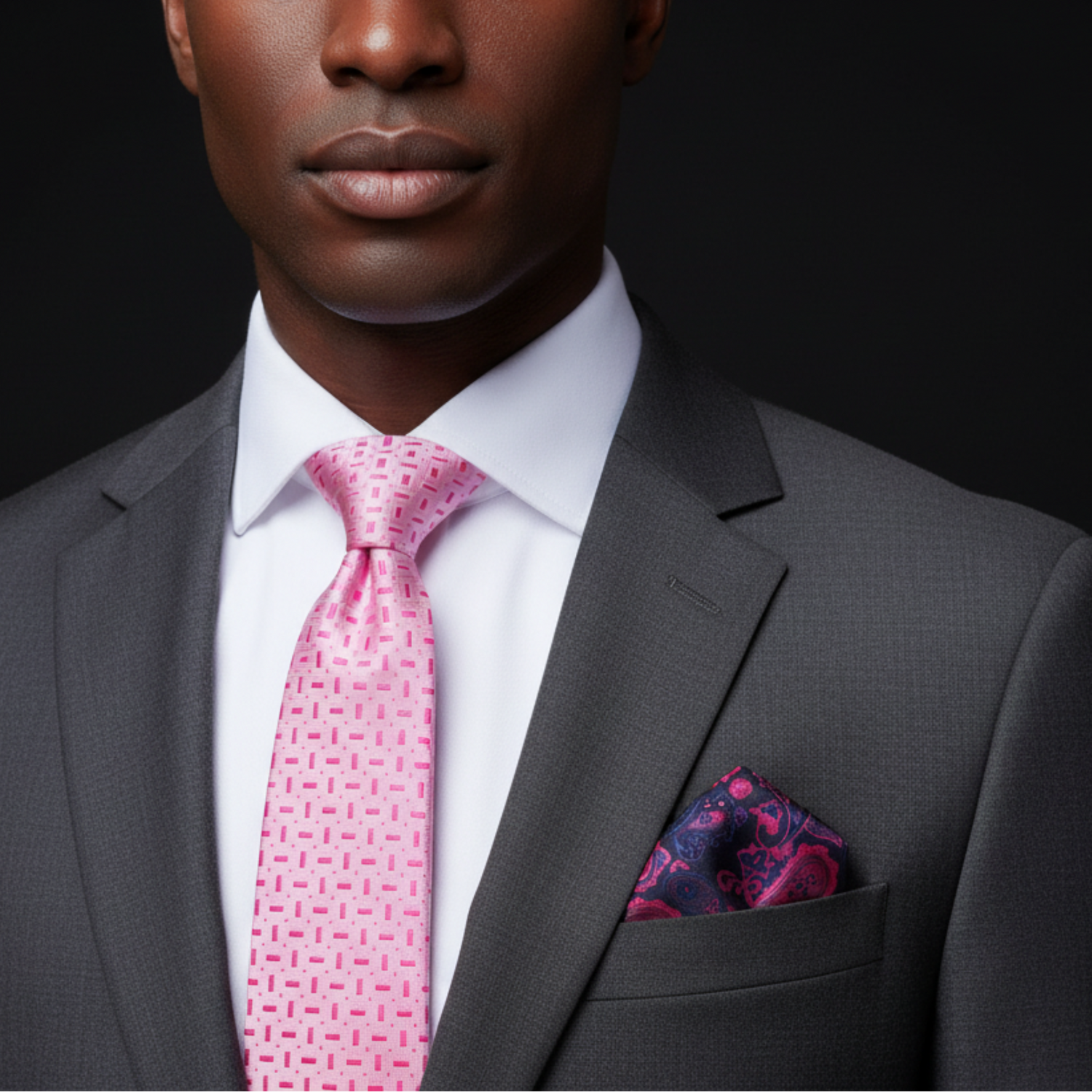 Man wearing a gray suit with a pink tie and patterned pocket square on a black background