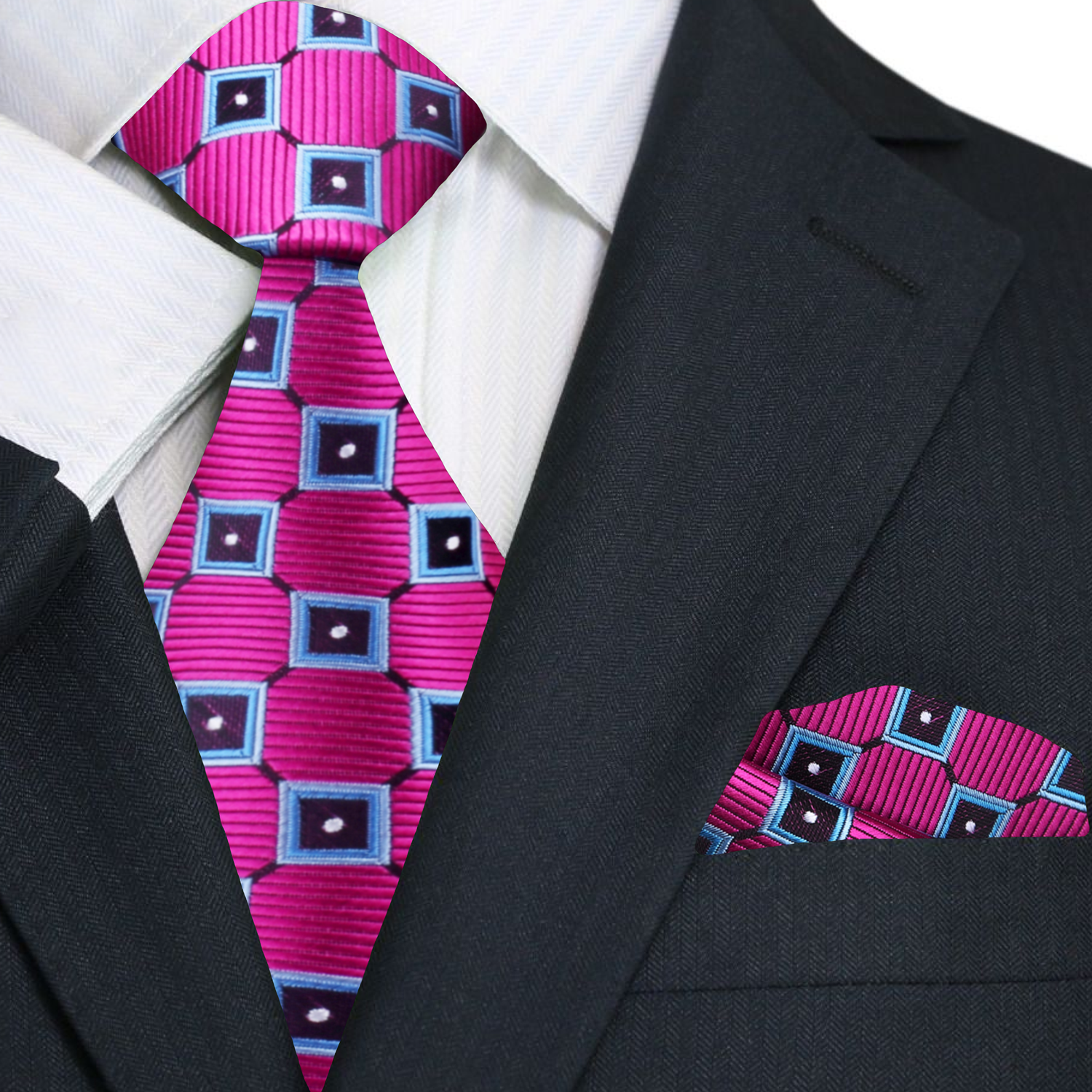 Main Pink and Blue Check Tie and Pocket Square