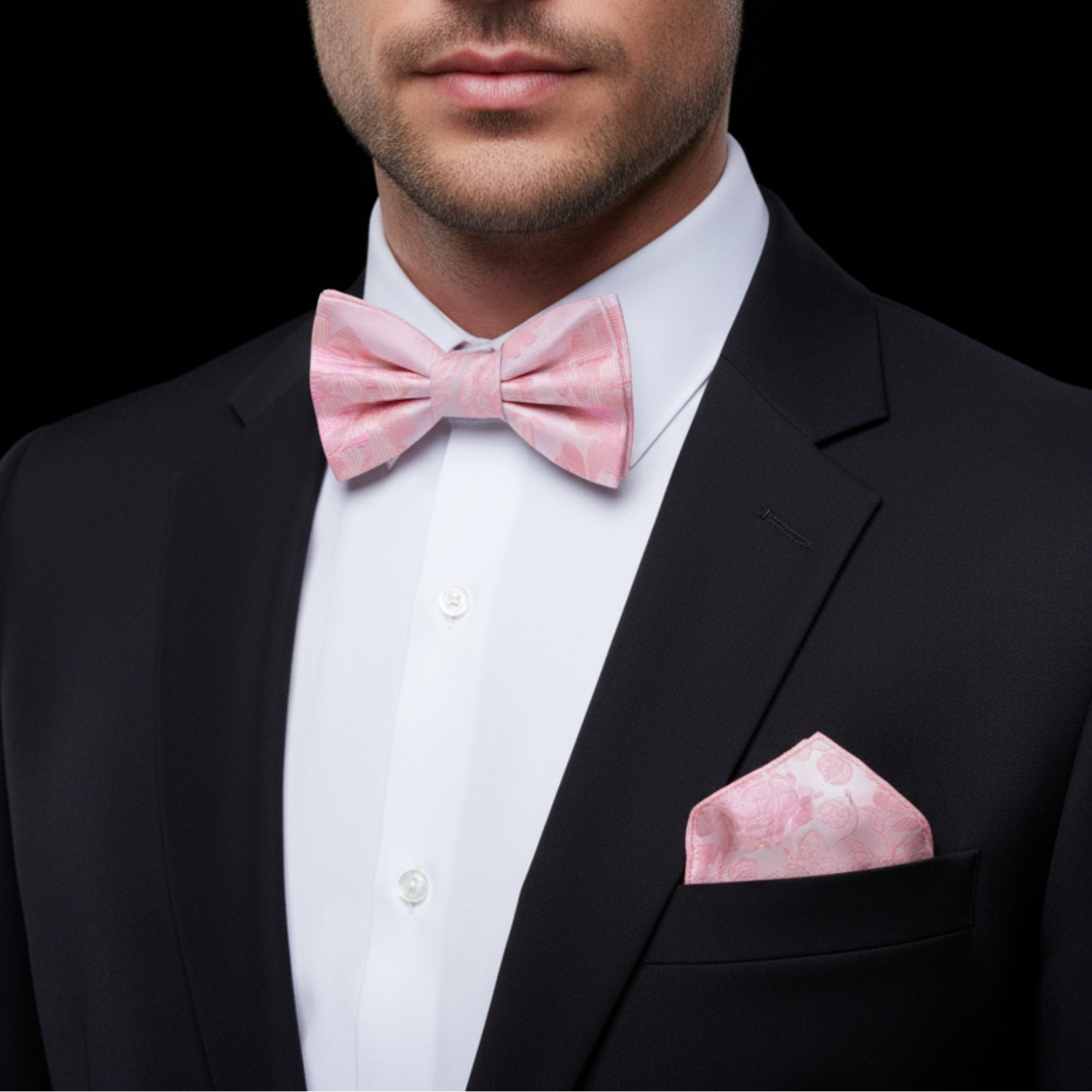 Light Pink Grandiflora Bow Tie and Pocket Square||Rosewater