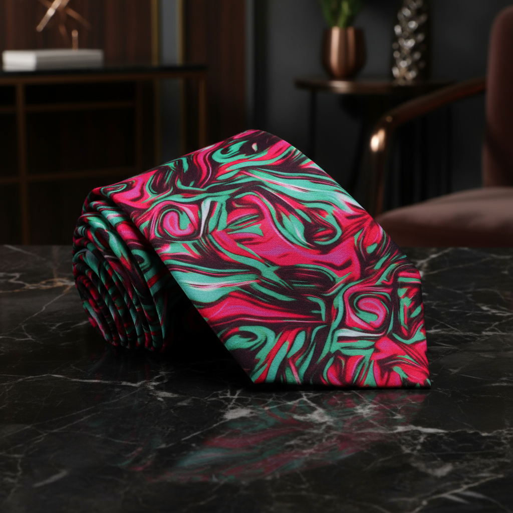 Pink, green and deep red abstract swirl necktie 