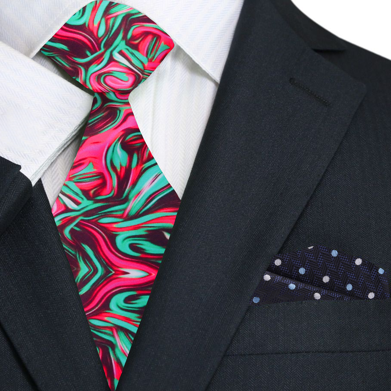 Pink, green and deep red abstract swirl necktie and accenting blue dot square