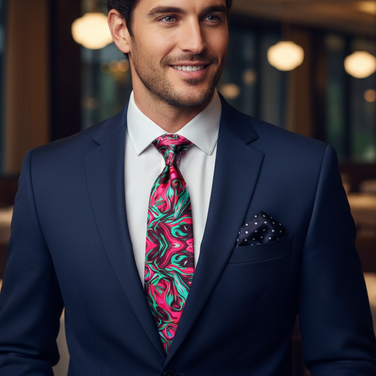 Man wearing a navy suit with a colorful tie in an indoor setting
