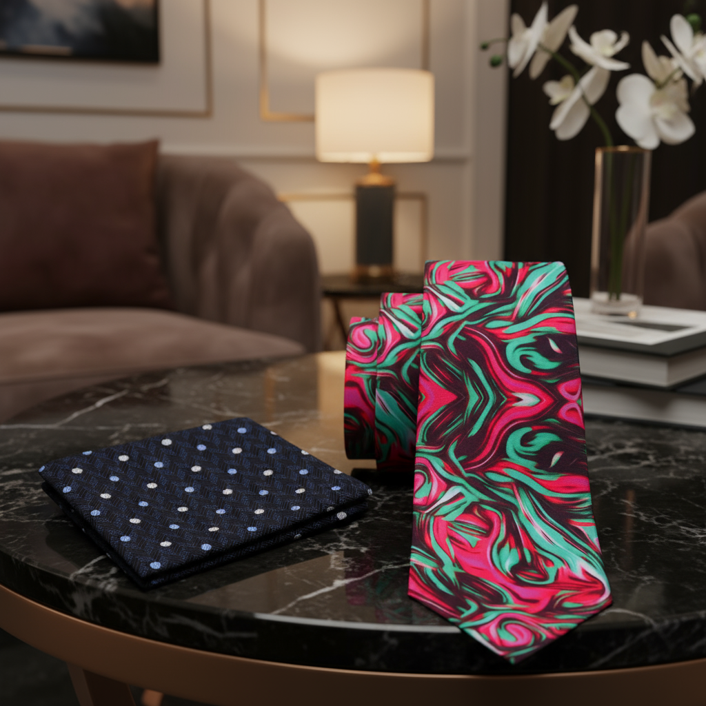 Alt View: Pink, green and deep red abstract swirl necktie and accenting blue dot square