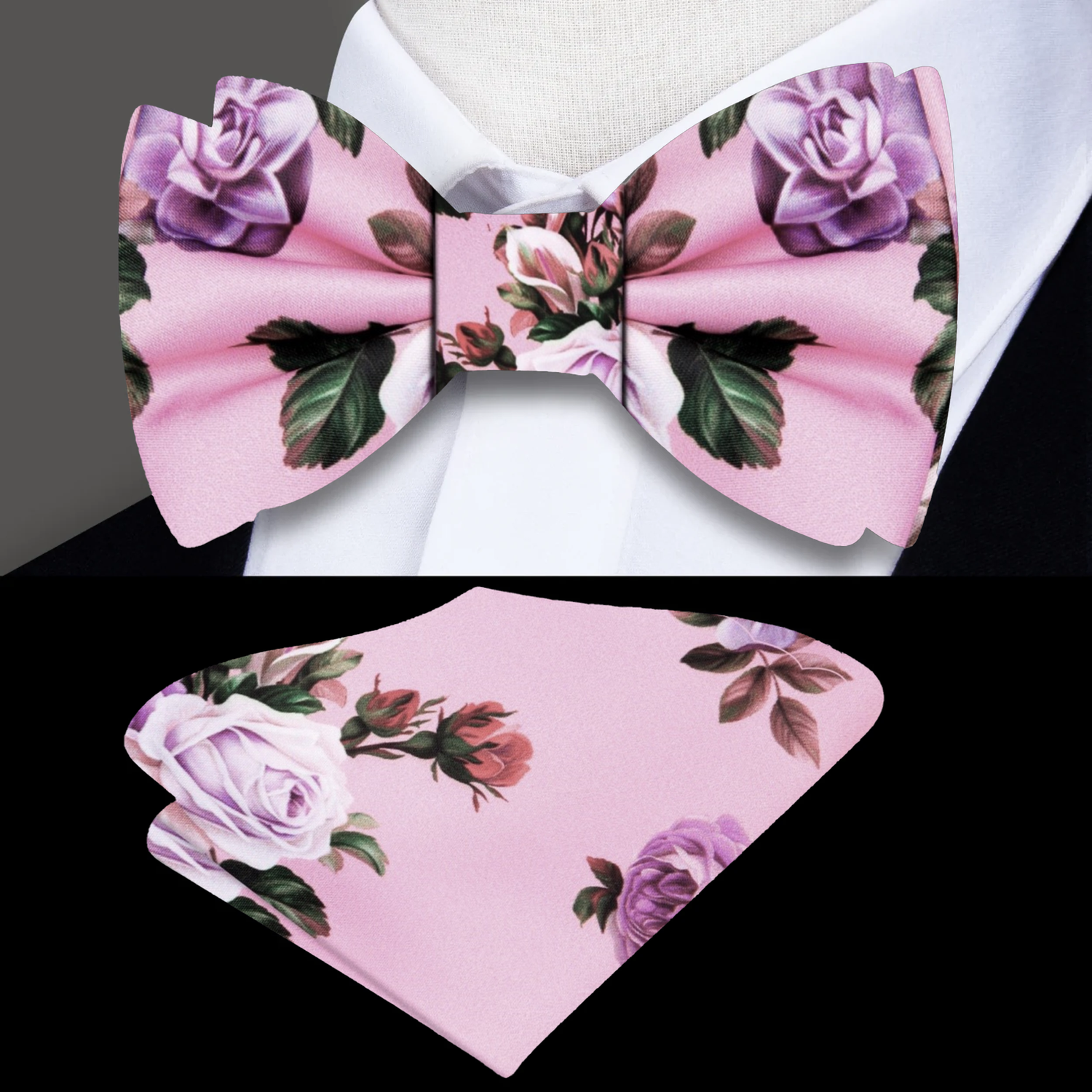 Main: Taffy Pink with Soft Purple, Burgundy Mauve Floral Bow Tie and Pocket Square On Suit