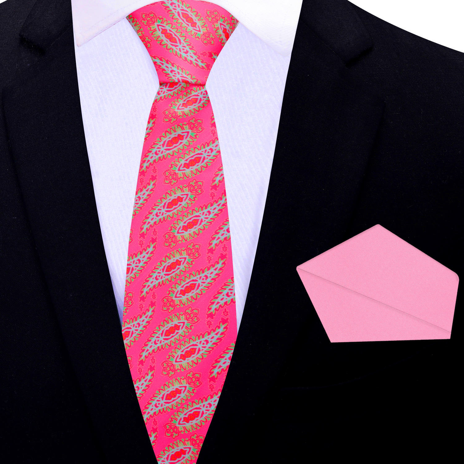 Thin Pink, Green, Light Blue Paisley Luxury Necktie and Pink Square