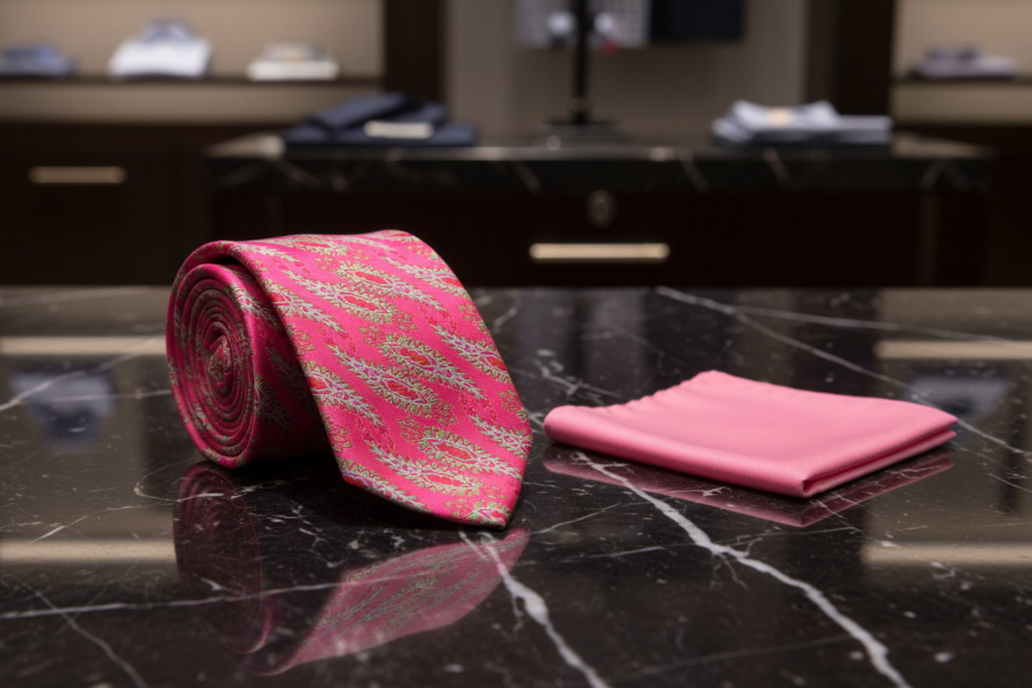 Pink, Green, Light Blue Paisley Luxury Necktie and Pink Square on marble