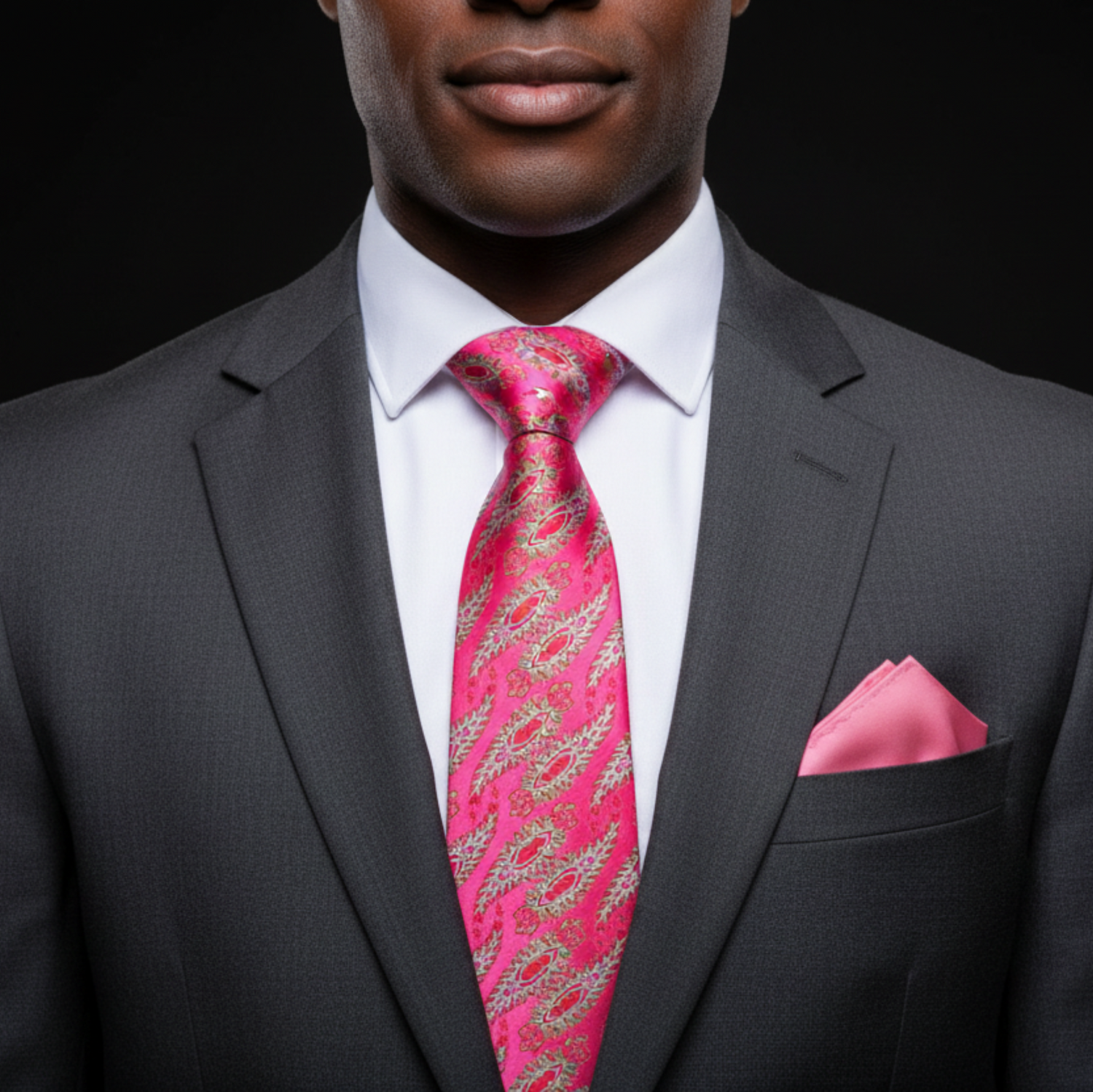 Man wearing a gray suit with a Pink, Green, Light Blue Paisley Luxury Necktie and Pink Square against a black background