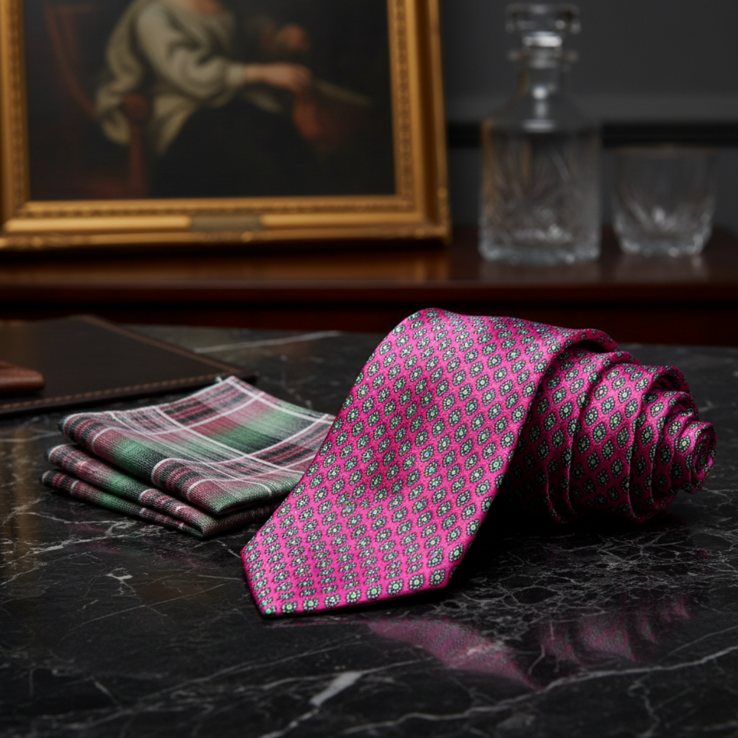 Alt View: Pink Medallions Necktie and Plaid Square