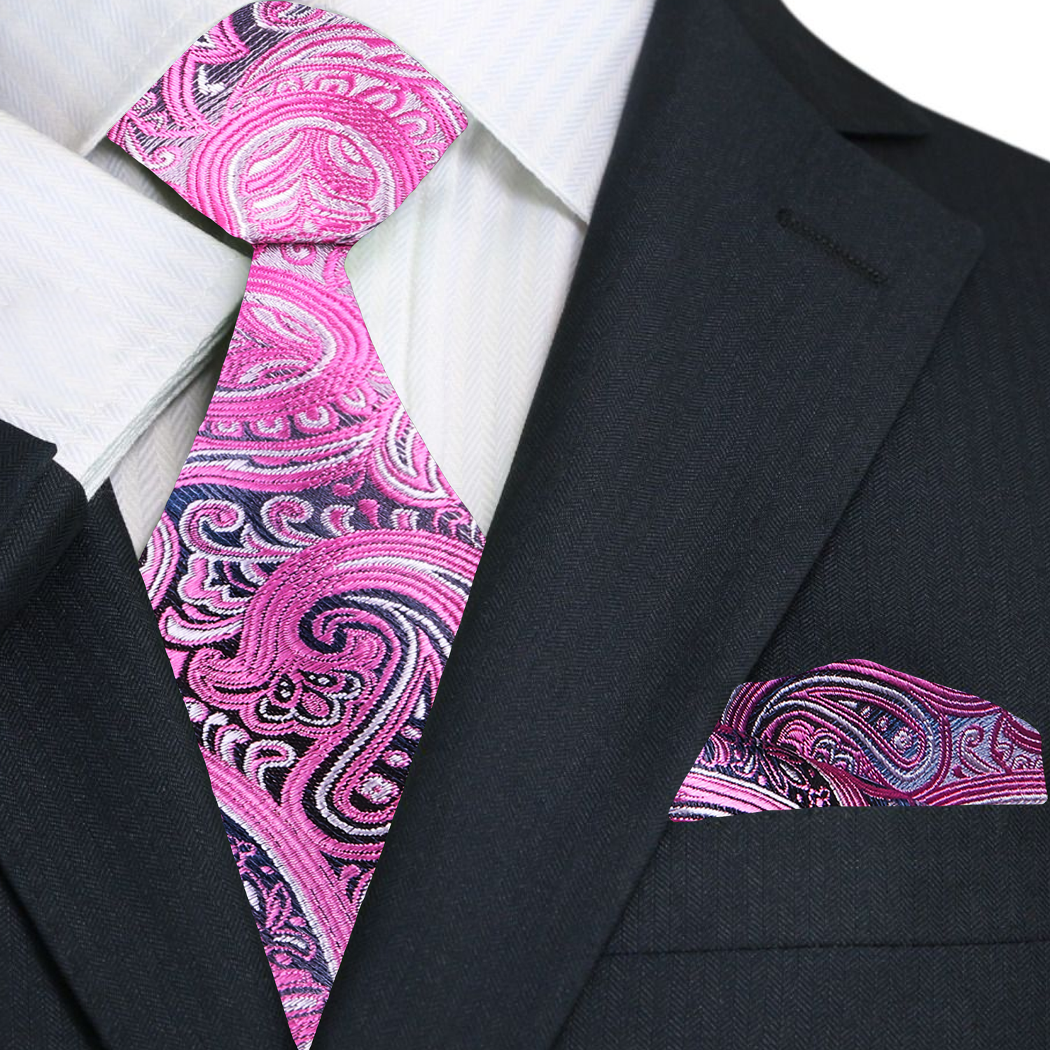 A Steel Grey, Pink Paisley Pattern Necktie, Matching Pocket Square||Pink, Grey