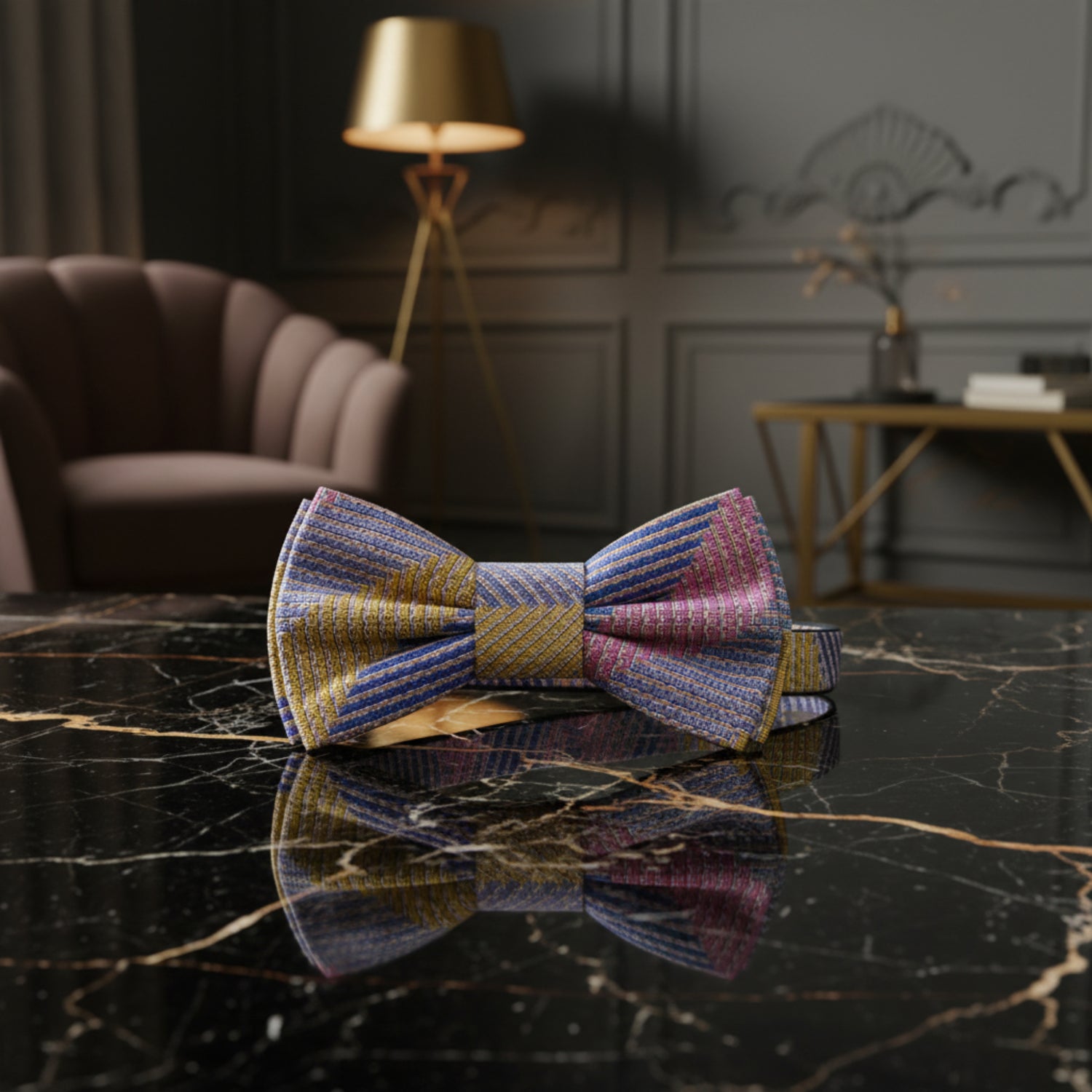 Pink Grey Yellow  Assertive Bow Tie Pre Tied