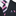 Black suit with a pink and purple striped tie and matching pocket square.