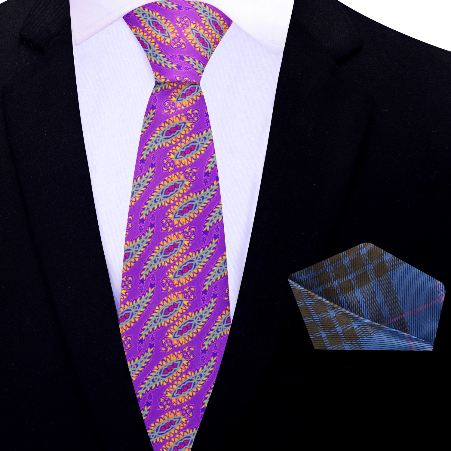 Thin Pink, Orange, Green and Purple paisley Tie and Accenting Square