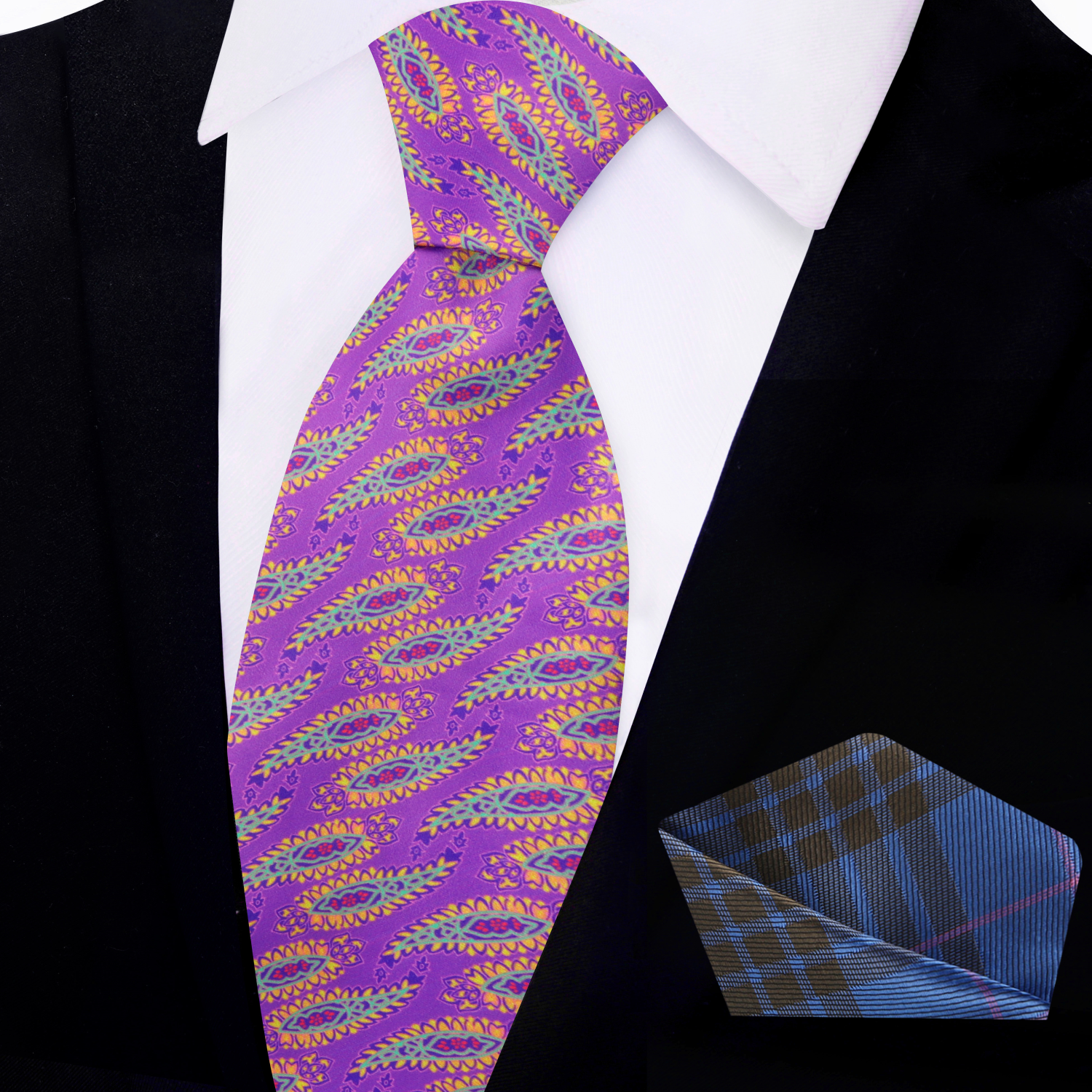 Main View Pink, Orange, Green and Purple paisley Tie and Accenting Square