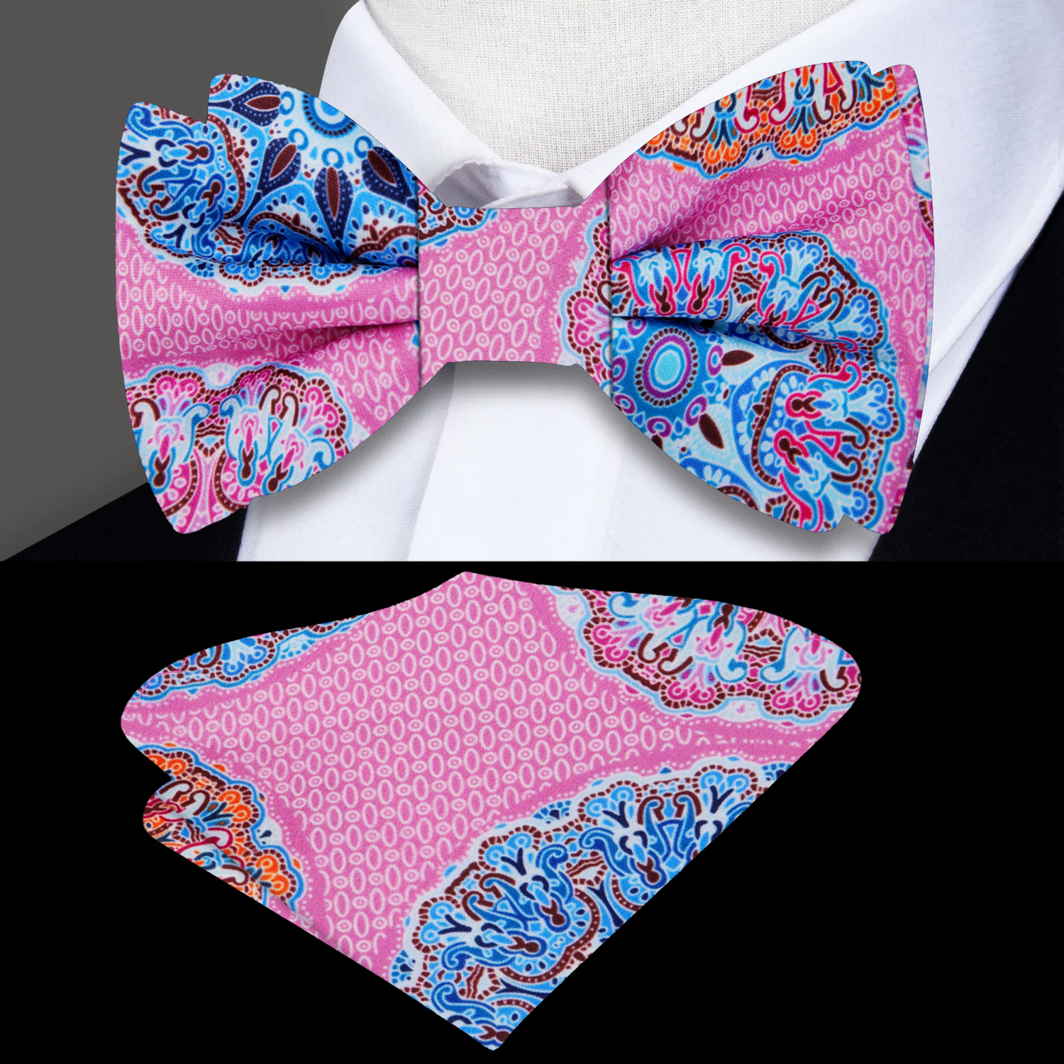 Pink Blue Orange Abstract Bow Tie and Pocket Square||Pink