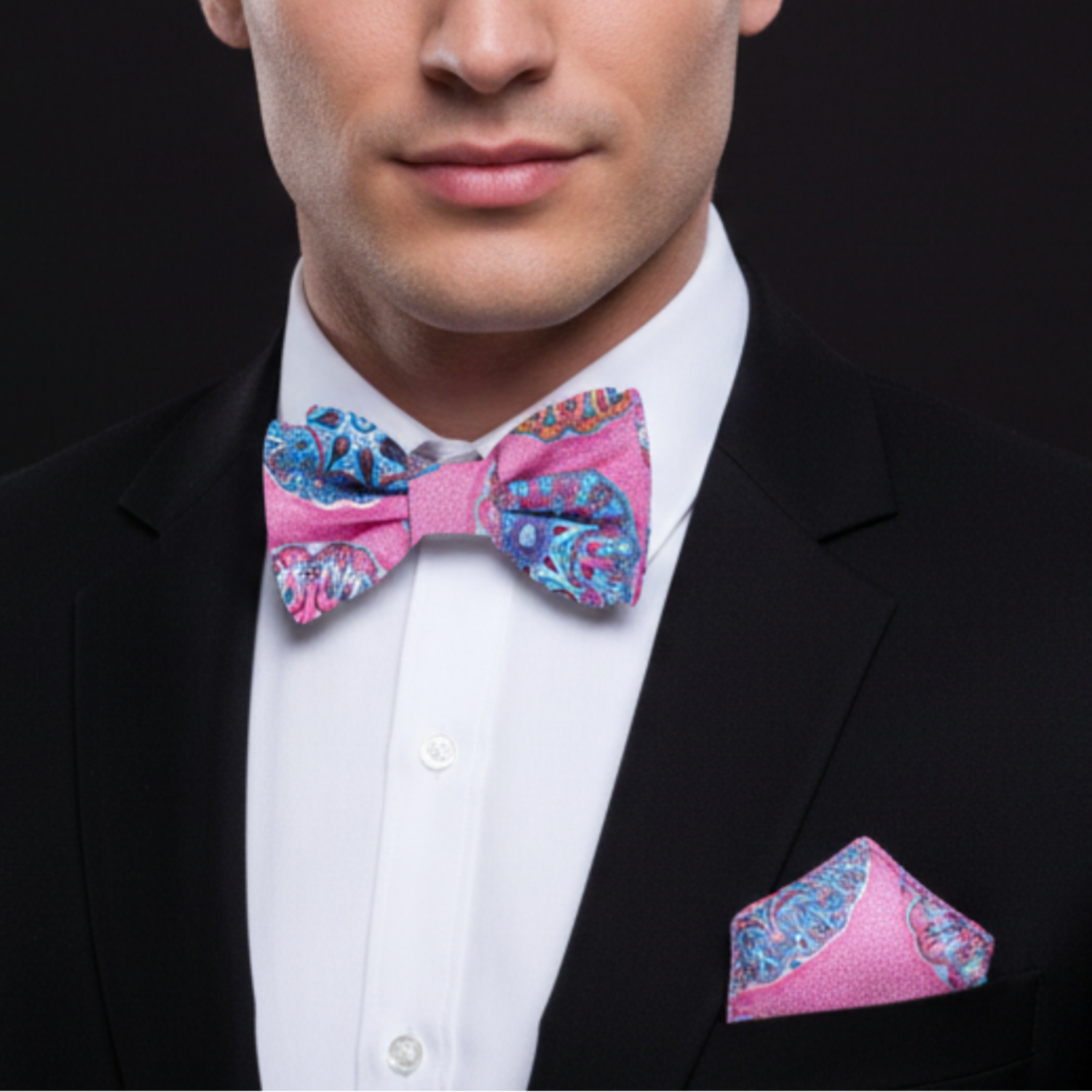 Man wearing a black suit with a pink and blue patterned bow tie and pocket square.