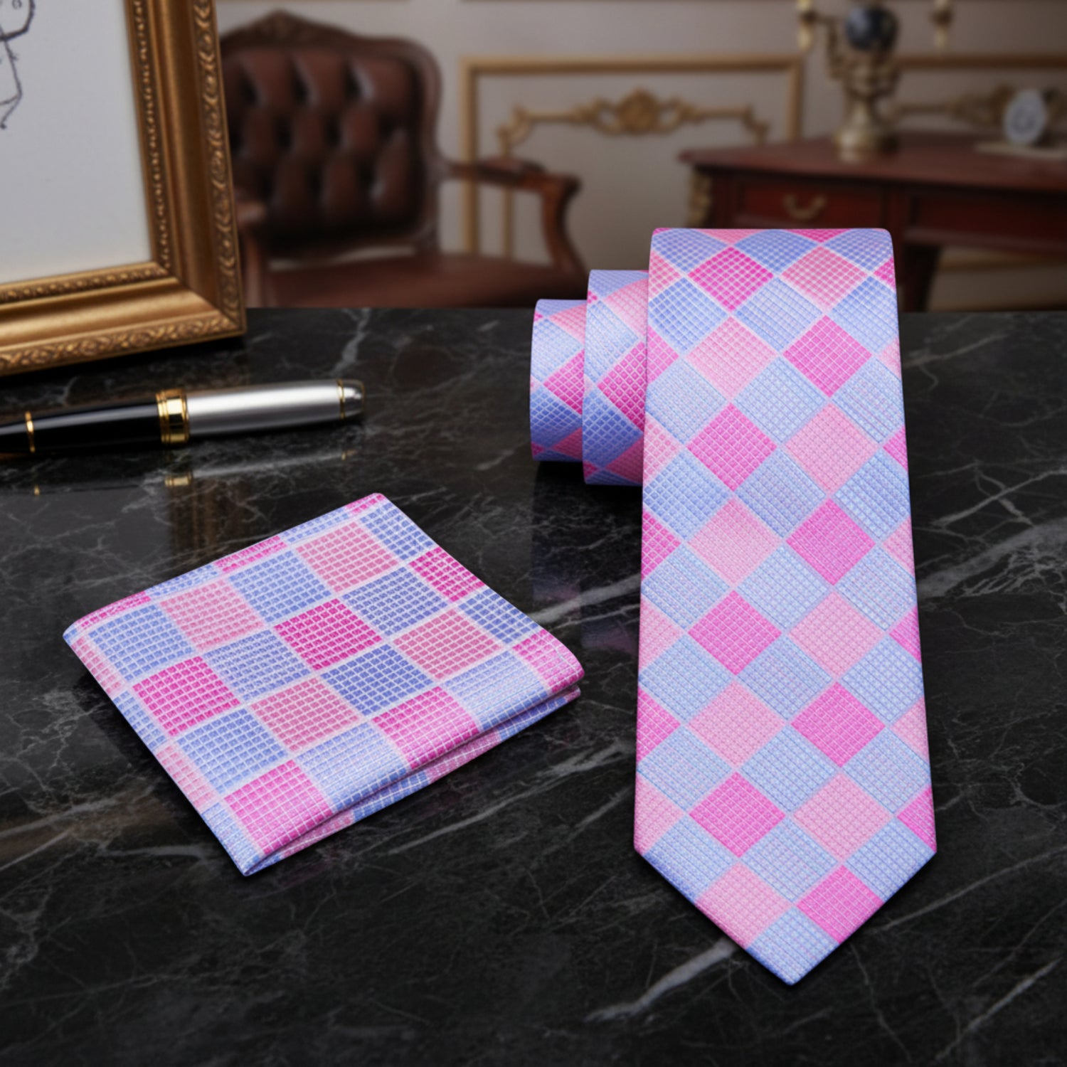 Pink and blue checkered tie and pocket square view 2