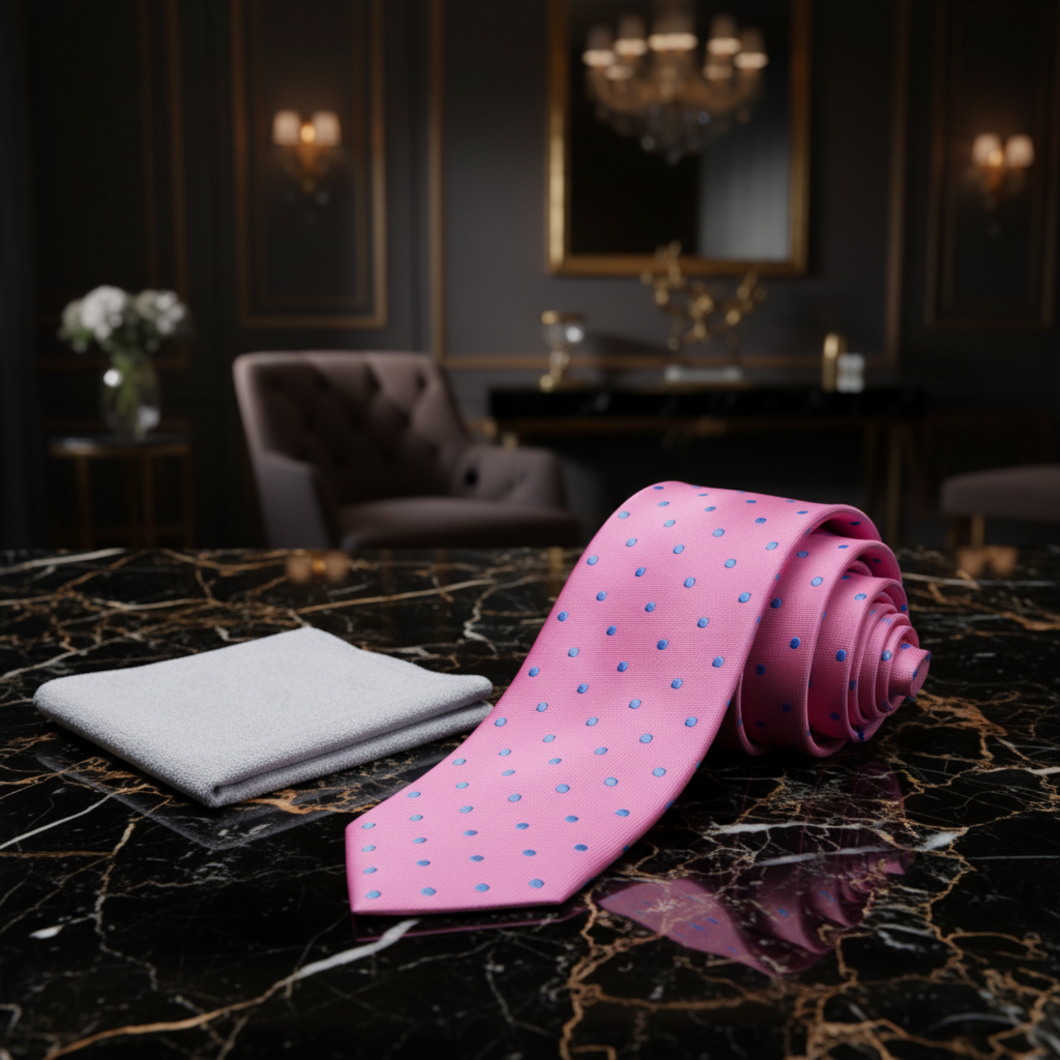 Pink tie with blue polka dots and silver pocket square 