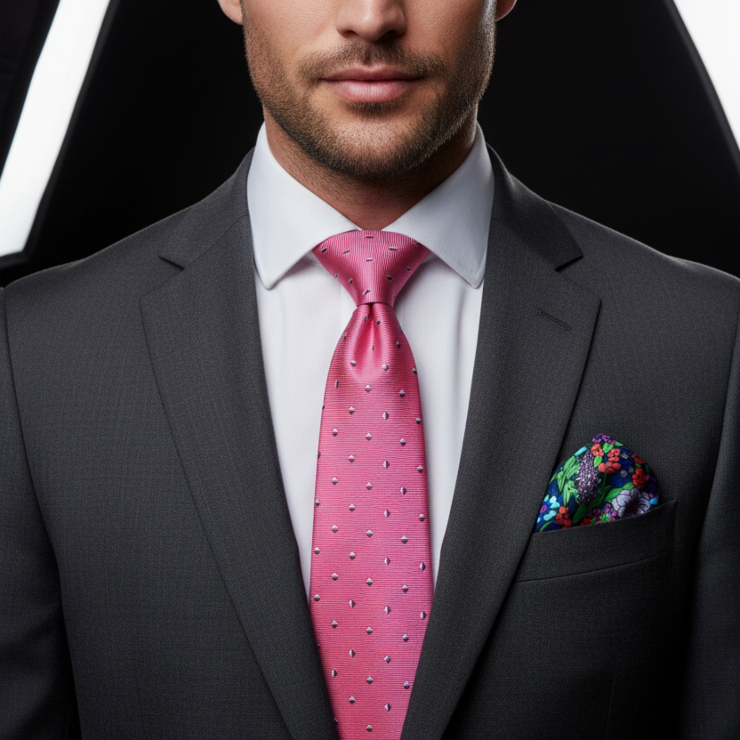 Man wearing a gray suit with a pink tie and colorful pocket square.