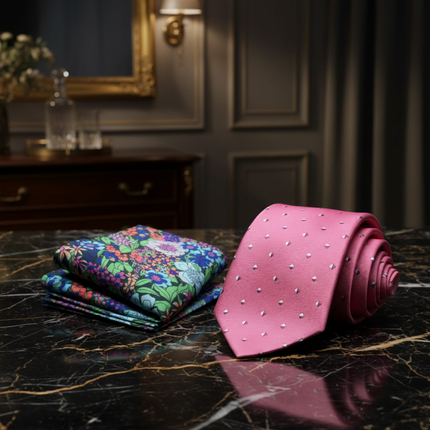 Alt View: Pink, White Geometric Tie and Accenting Pocket Square