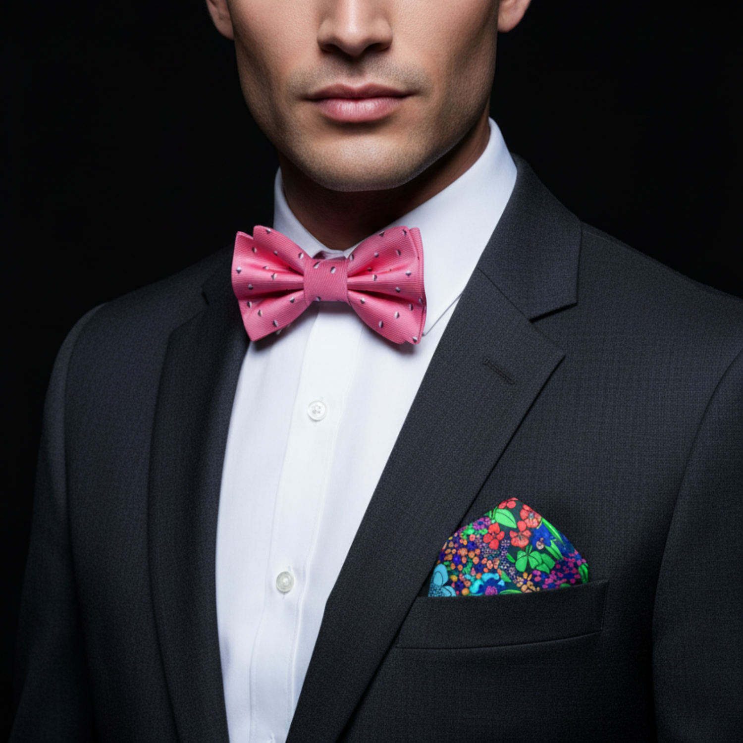 Man wearing a black suit with a pink bow tie and colorful pocket square on a black background