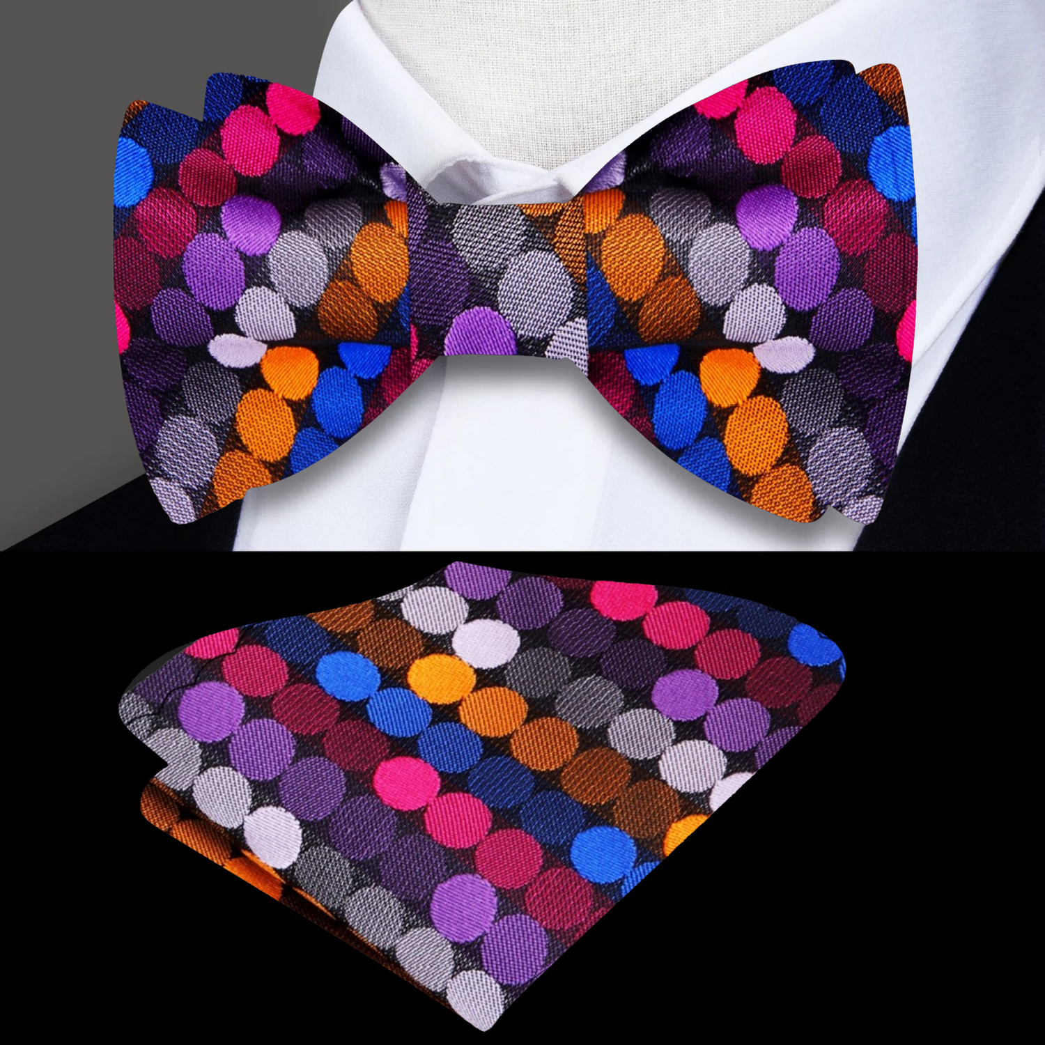 A Pink, Blue, Orange, Grey Polka Dot Pattern Self Tie Bow Tie, Matching Pocket Square