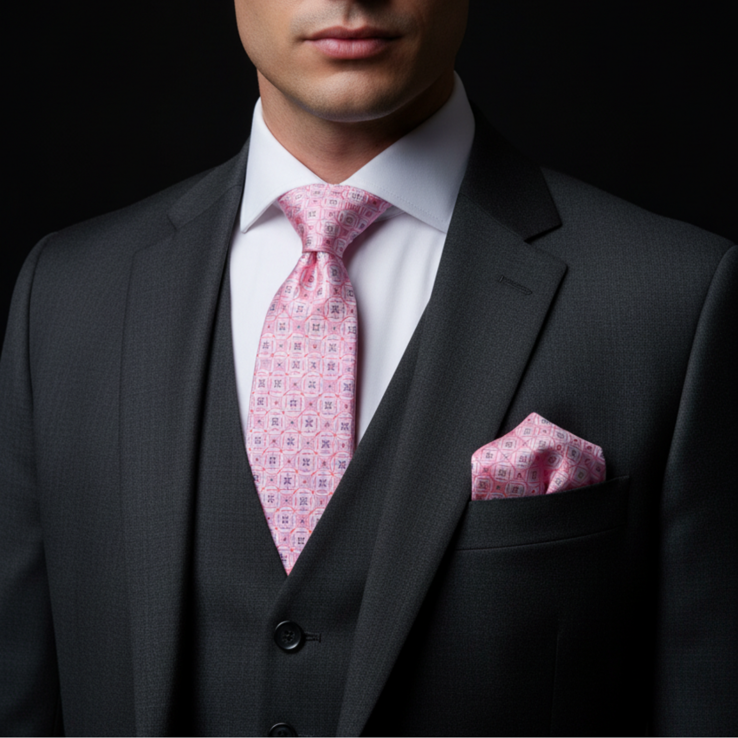 Man wearing a dark suit with a pink patterned tie and pocket square on a black background