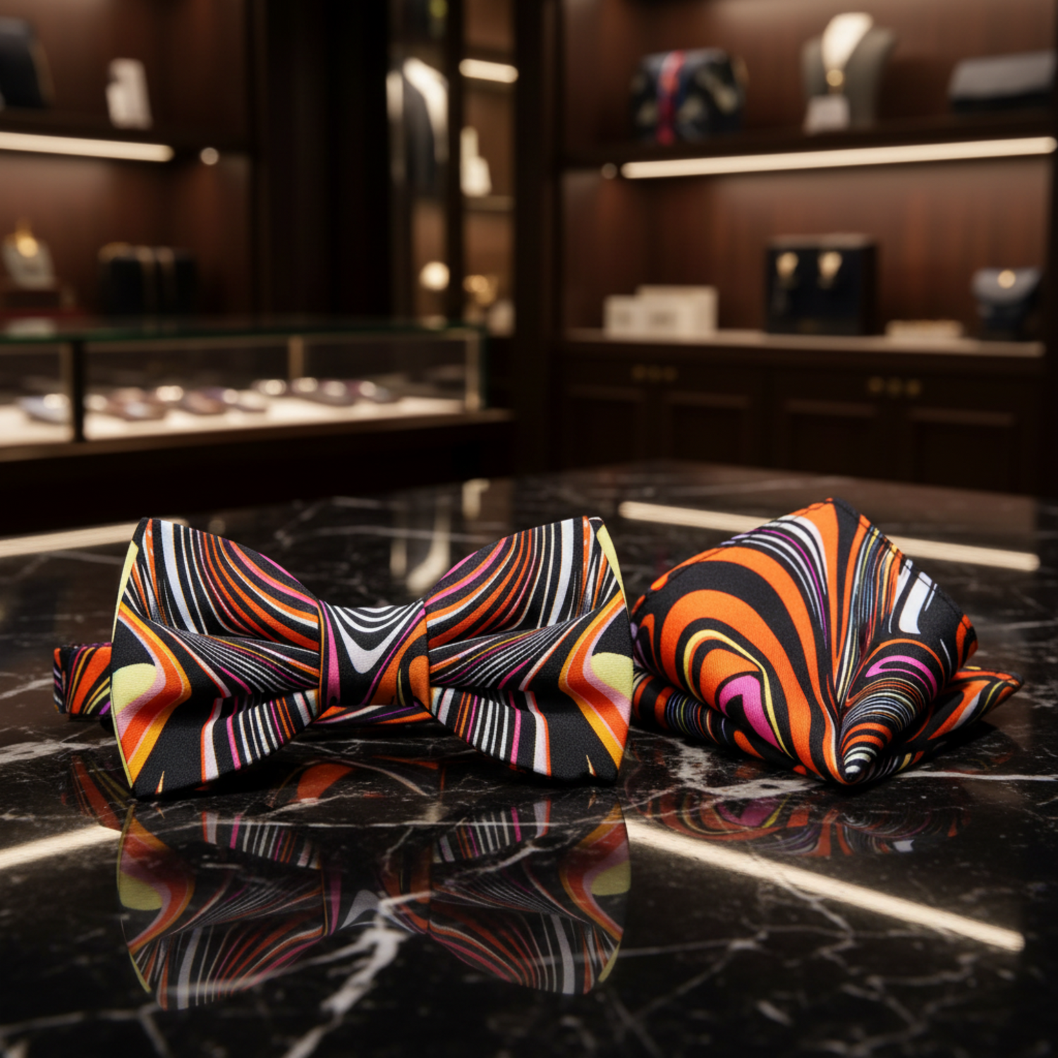 Main View: Orange, Red, Pink Abstract Bow Tie and Pocket Square||Orange, Pink, Black, White
