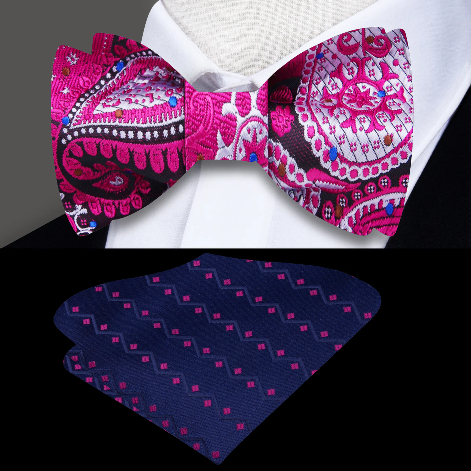 Pink, Black Paisley Bow Tie and Accenting Blue Pink Square