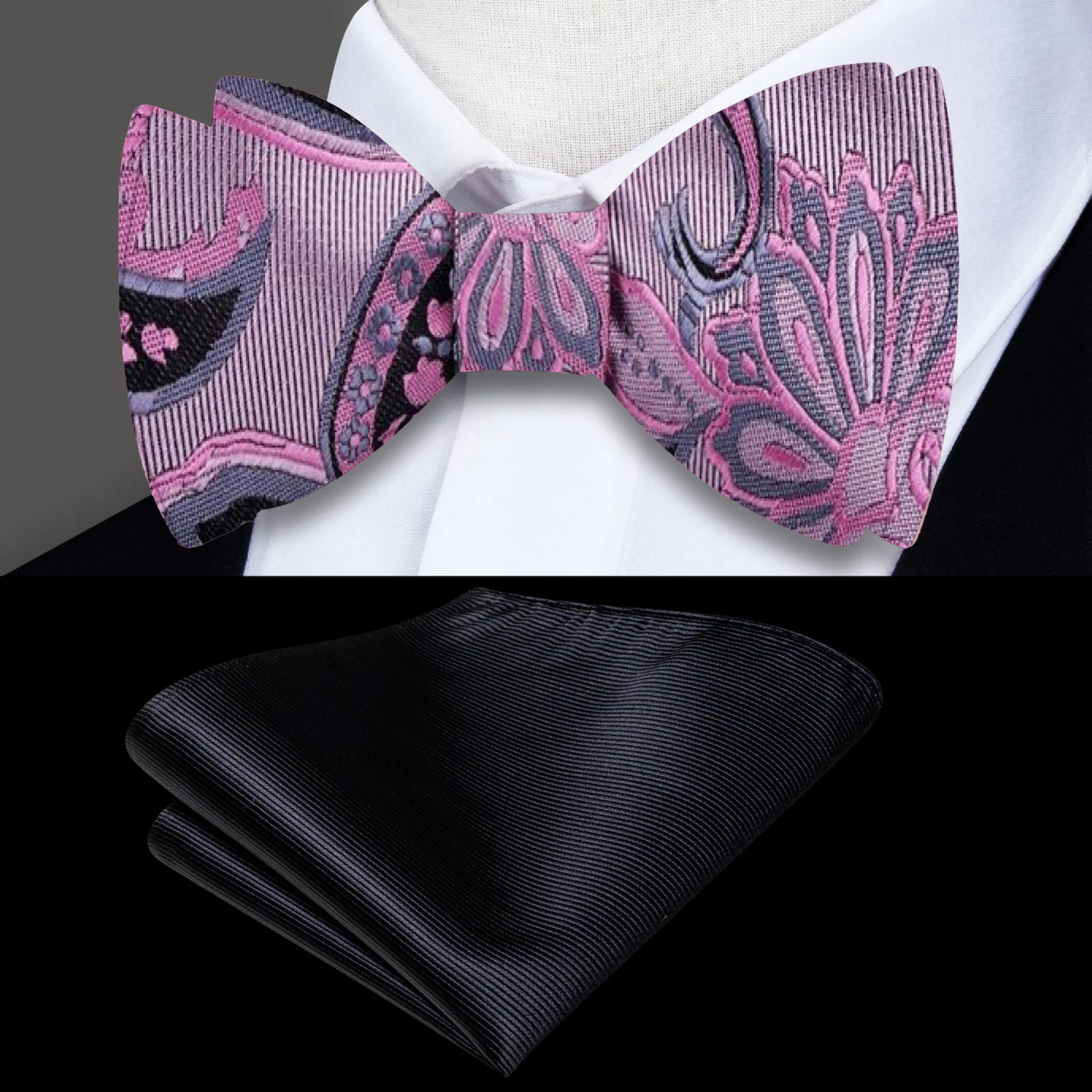 A light pink and black paisley bow tie paired with a black pocket square