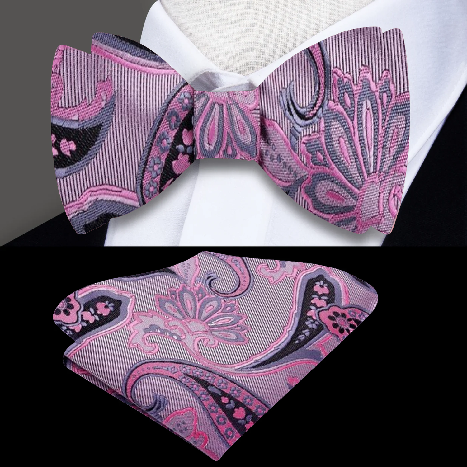 A light pink and black paisley bow tie paired with a black pocket square,