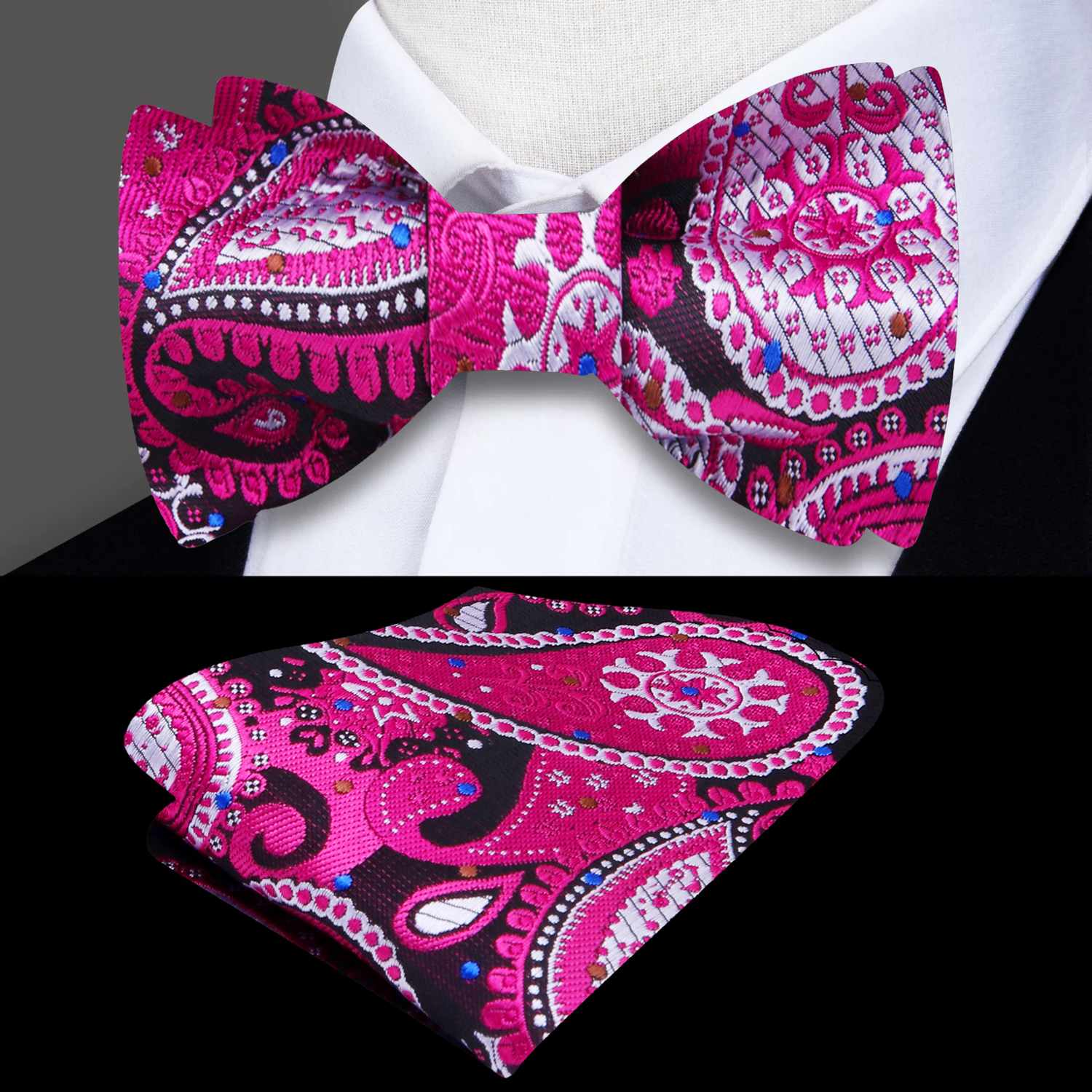 Pink, Black Paisley Bow Tie and Pocket Square